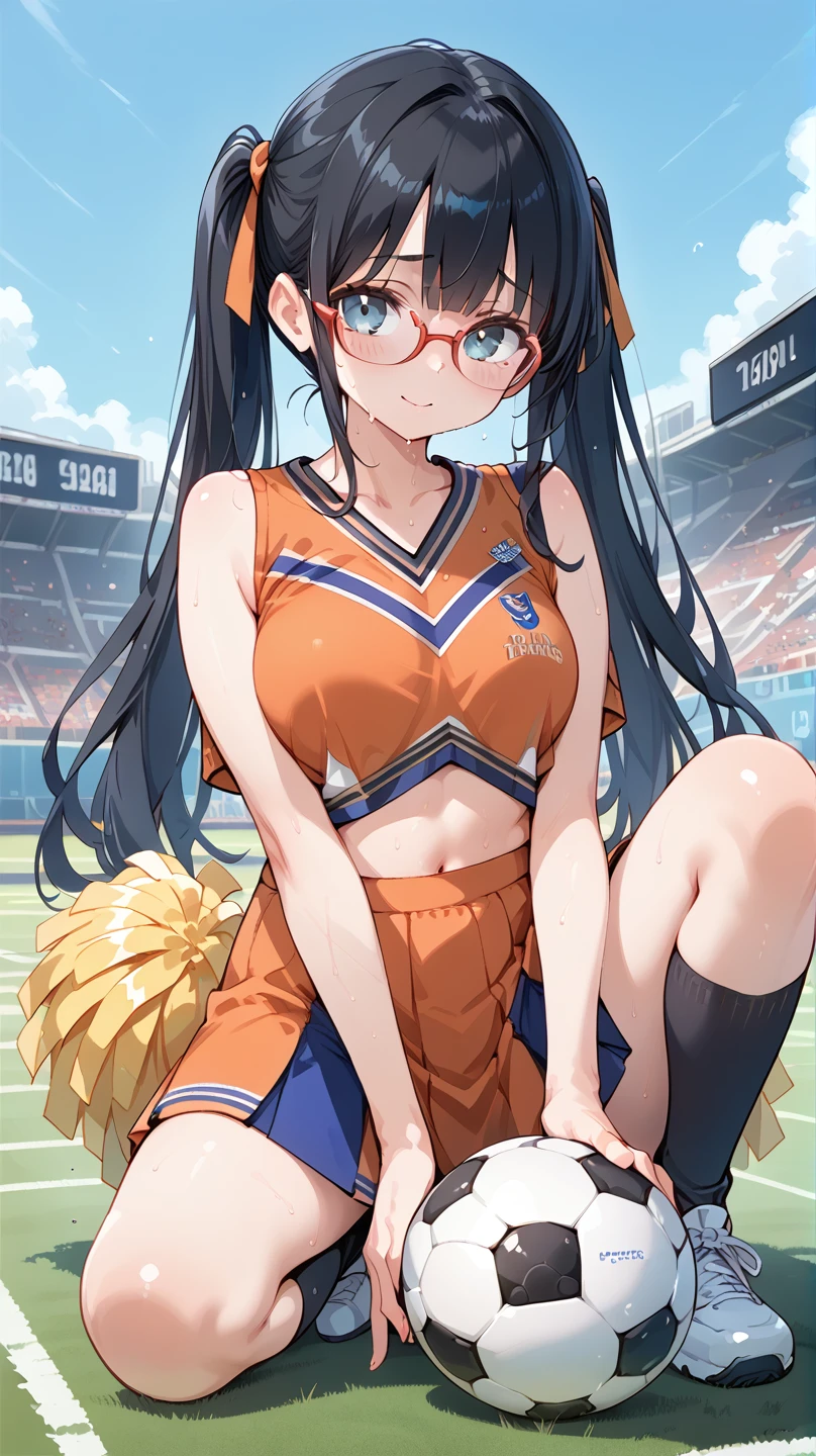 Black Hair, long hair,Pigtails,Glasses, cheerleader, cheerleading,Sweaty,Soccer ground