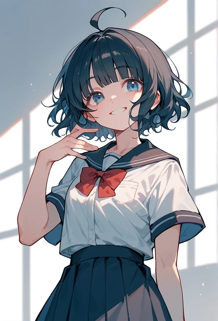 1girl, solo,
suou momoko, ahoge, short hair, blue eyes, eyebrows visible through hair, wavy hair, blunt bangs,
school uniform, black check skirt, white shirt,
smile,