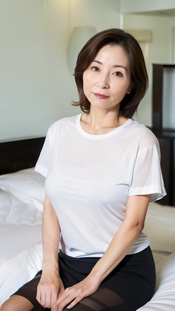 (1 Japanese mature woman), (Solo), 50 years old, ((Perfect Anatomy)),((plump)),flat-color background, gravure, Best Quality, Ultra-detailed, Photorealistic, super detailed skin, ((Looking at Viewer:1.3)),(wearing wet T-shirt, small pantie),Mature Actress,glamor, super large udder, ((close your mouth)),A sexy, Chromo-white skin ,(black hair),long hair,(sitting in exercise room),((spread legs wide:1.2)),