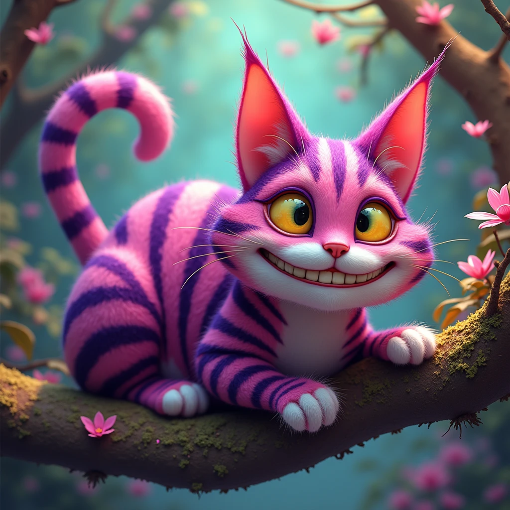  Get Inspired by Alice in Wonderland ,  Cheshire Cat from Alice in Wonderland Psychedelic , psychedelic style, Surrealism,  Cat with Big Head Smiles Teeth visible big human Clenched ,  Big Big Big Smile , Antennae ,  Different stripes on his coat Pink and dark Purple The tip of the tail is white,  Big Yellow Eyes with a Silky Pupil ,  Beautiful Little Ears ,  Soft Fur Chubby Cat ,  lies on a tree ,  sunny weather, bright colors, 8 k,  Complex Details , masterpiece,  Maximum quality ,  best quality ,