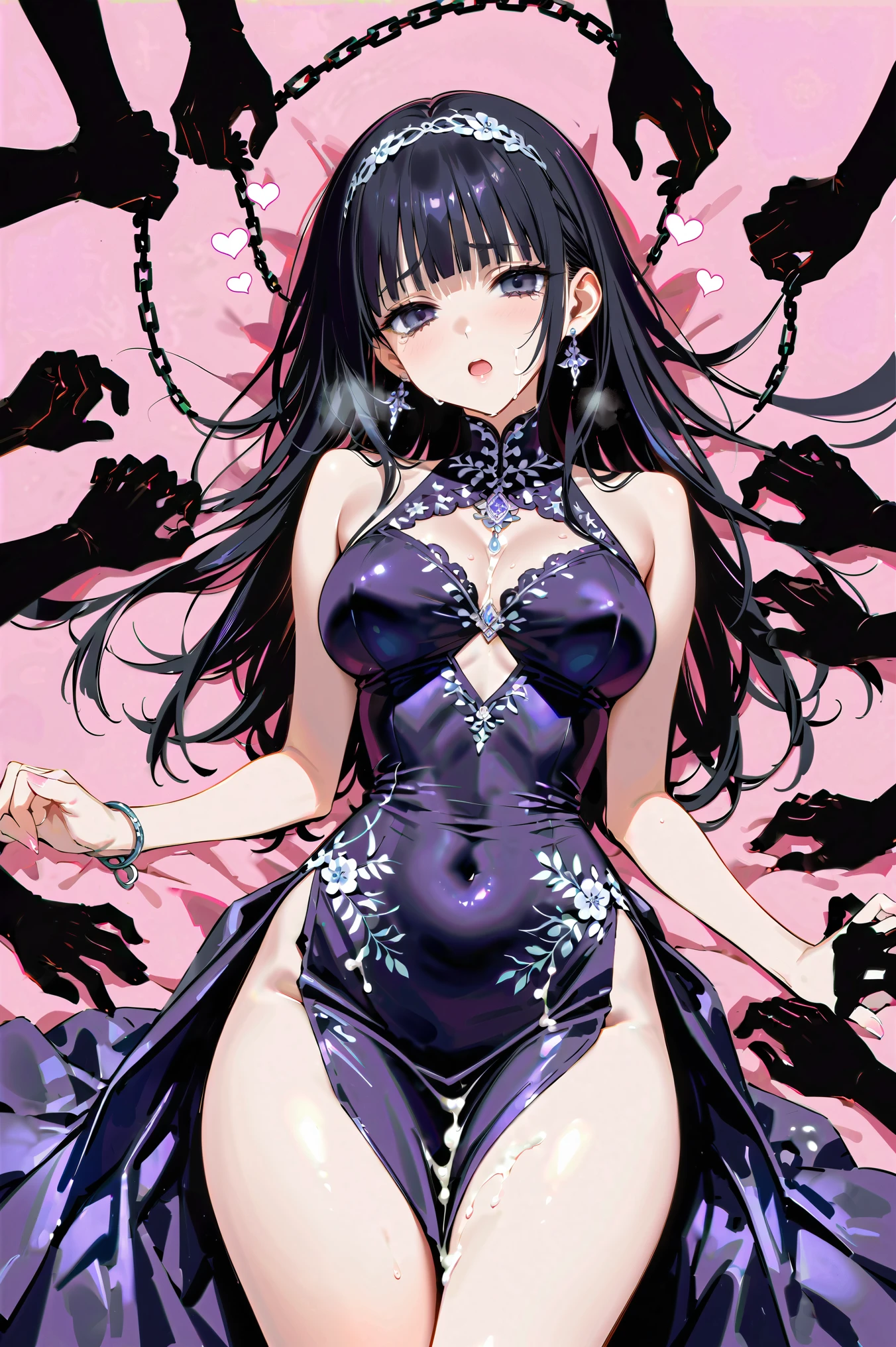 exhausted mature woman, open legs wide, A large number of black hands grab her、 (((Lying on a chain spread all over))), ((Jet Black Eyes))、hair over eyes, detailed hairband, (( chignon hair))、Round Glasses, black hair, cowboy shot, large breasts、 THICK THIGS 、 simple background、rough breathing sound 、Scream lines、Marked by surprise、 heart symbol, (tears、 drool 、Open your mouth、Expressionless、 Hollow Eyes:1.2)、(glistening skin), (oily skin), (shiny skin),(half closed eyes), A production where the body is shaking violently、Luxurious Embroidered Pastel High Slit Dress、cum on hair, cum on bocy, cum on leg, cum on face、