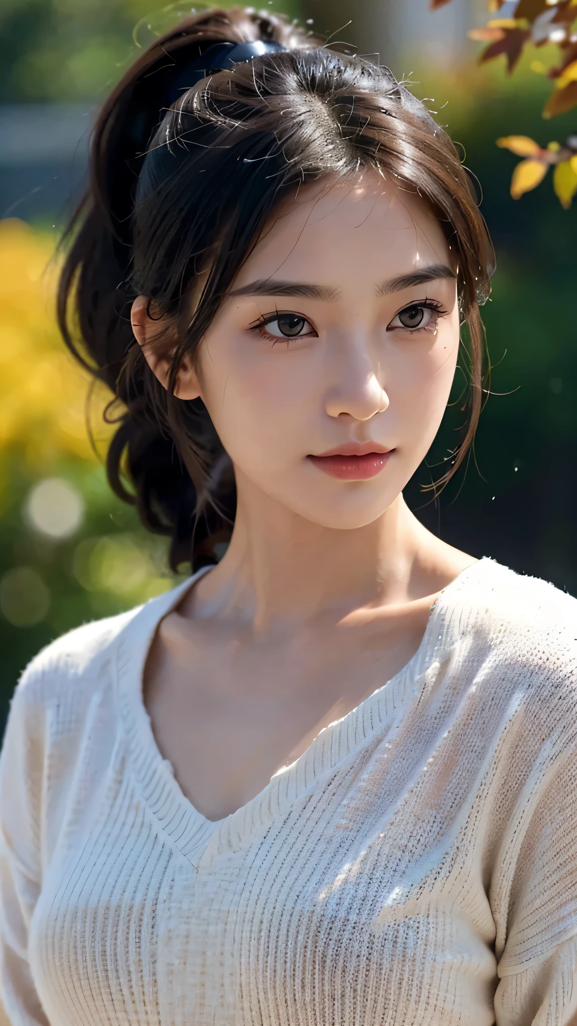 One woman,fully body photo,masutepiece, The highest image quality, High quality, the background is clear，Beautiful woman, Japanese, Detailed, Detailed eyes, Detailed skin, Beautiful skin, 超hight resolution, (reality: 1.4),Very beautiful woman, Slightly younger face, Beautiful skin, slender, (Ultra photo realsisim), (hight resolution), (8K), (Very detailed) (beautifully detailed eyes), (super detailed),   (Detailed face), view the viewer, Fine details, Detailed face, Staring straight ahead, Staring straight ahead, photos realistic, Bright lighting, Professional Lighting, Black hair,poneyTail,a baby face,sixteen years old,髪型はponeyTail,ロングのponeyTailの髪型,slight smile,Long Sleeve Knitwear,European Streets