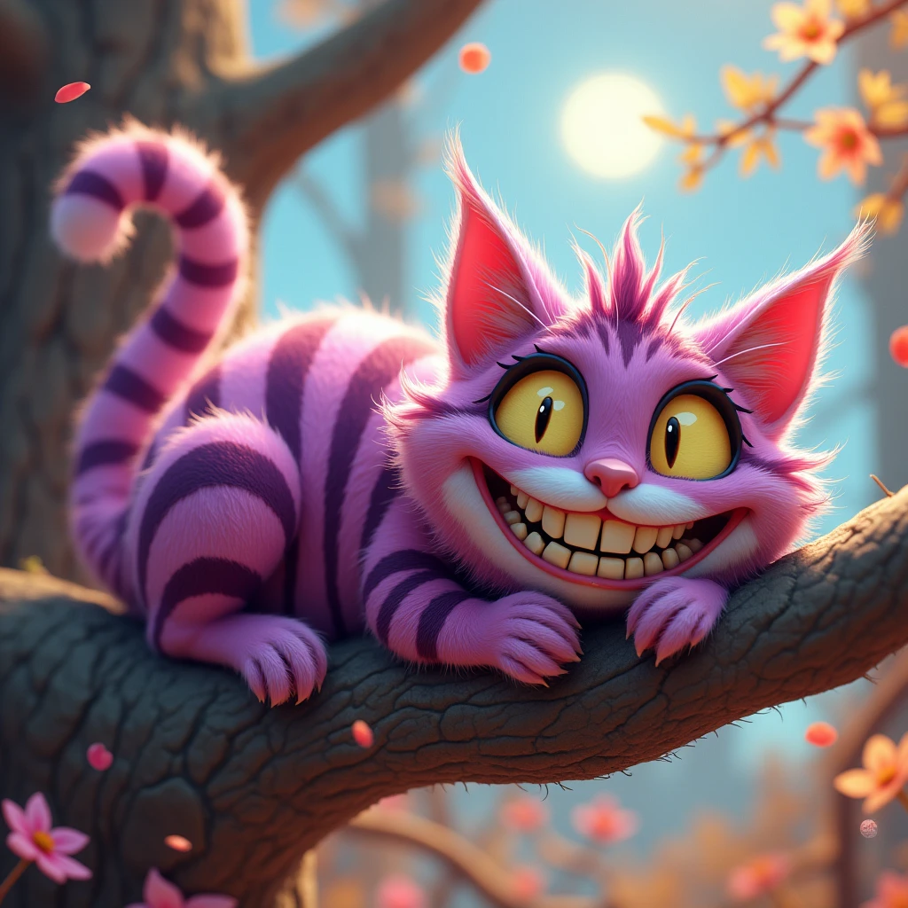  Get Inspired by Alice in Wonderland ,  Cheshire Cat from Alice in Wonderland Psychedelic , psychedelic style, Surrealism,  Cat with Big Head Smiles Teeth visible big human Clenched ,  Big Big Big Smile , Antennae ,  Different stripes on his coat Pink and dark Purple The tip of the tail is white,  Big Yellow Eyes with a Silky Pupil ,  Beautiful Little Ears ,  Soft Fur Chubby Cat ,  lies on a tree ,  sunny weather, bright colors, 8 k,  Complex Details , masterpiece,  Maximum quality ,  best quality ,