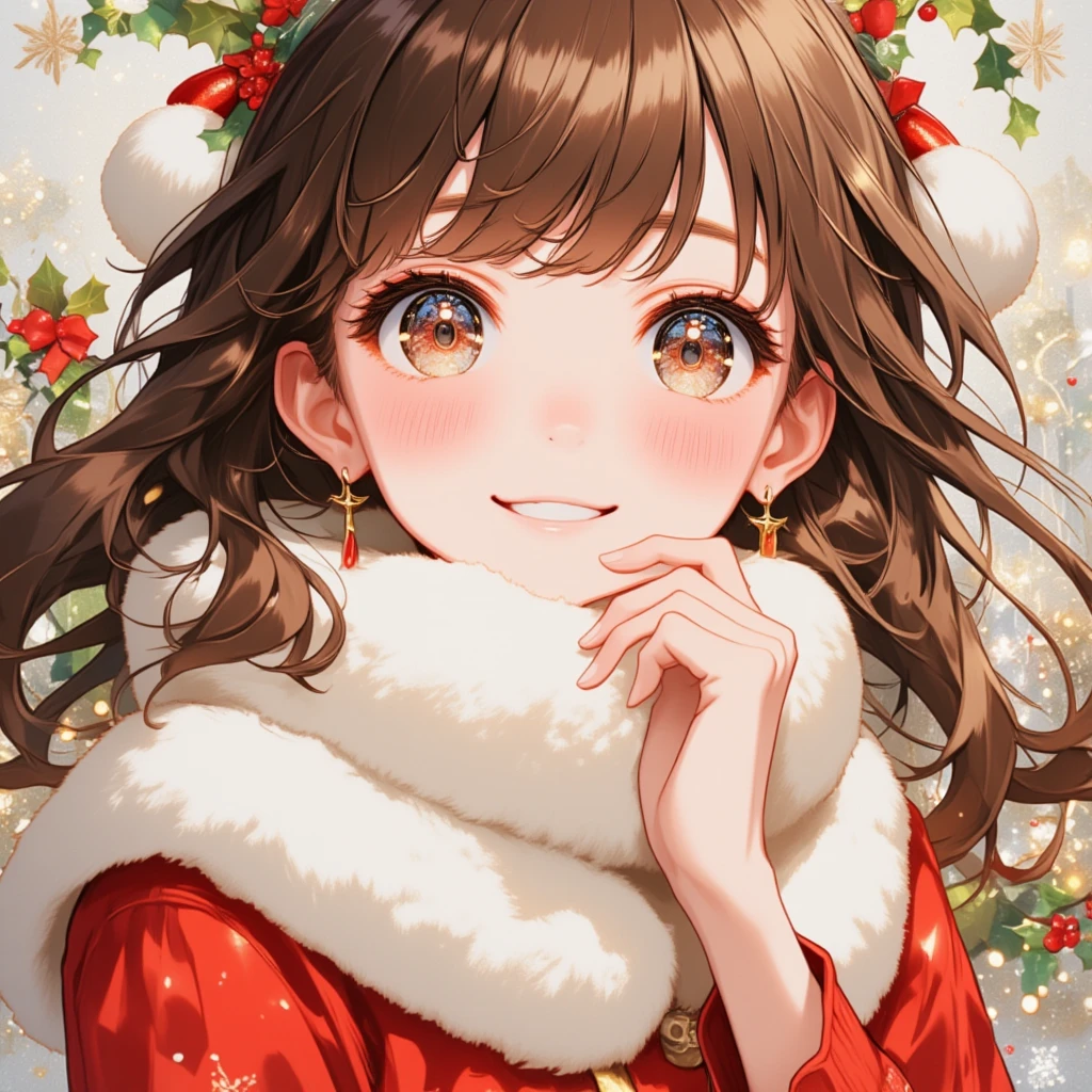 (Masterpiece, high quality, high definition, 4K, 8k, detail）、Christmas, a girl （ cute face、 beautiful eyes、 brown hair、A great smile、Christmas earrings,  白いファーマフラー、赤いワンピース）、look at me, close-up, CG Integrated Wallpaper (Christmas design：1.3), gritting