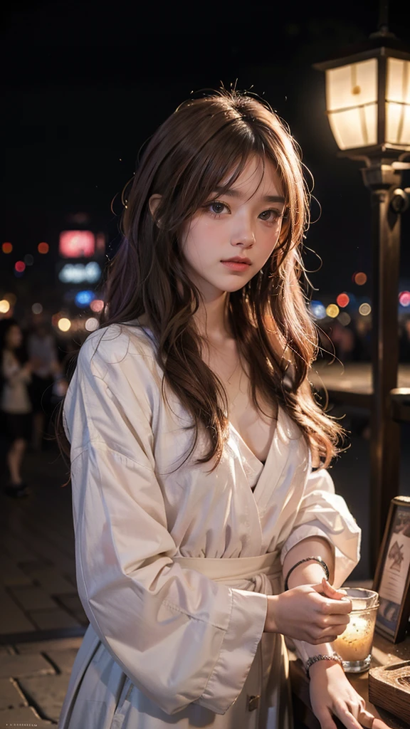masterpiece、8K、32K、top-quality、(A detailed eye)、(A cute Japanese woman、bangss)、23years old、1 girl in、elegent、(Detailed background depiction、portlate:1.2)、(Put your hands on your chest:1.5)、(illuminations、Christmas:1.4)、(Duffel coat:1.2)、(snow country、Exhaled breath is white:1.3)、freeze、ssmile、The nose is red