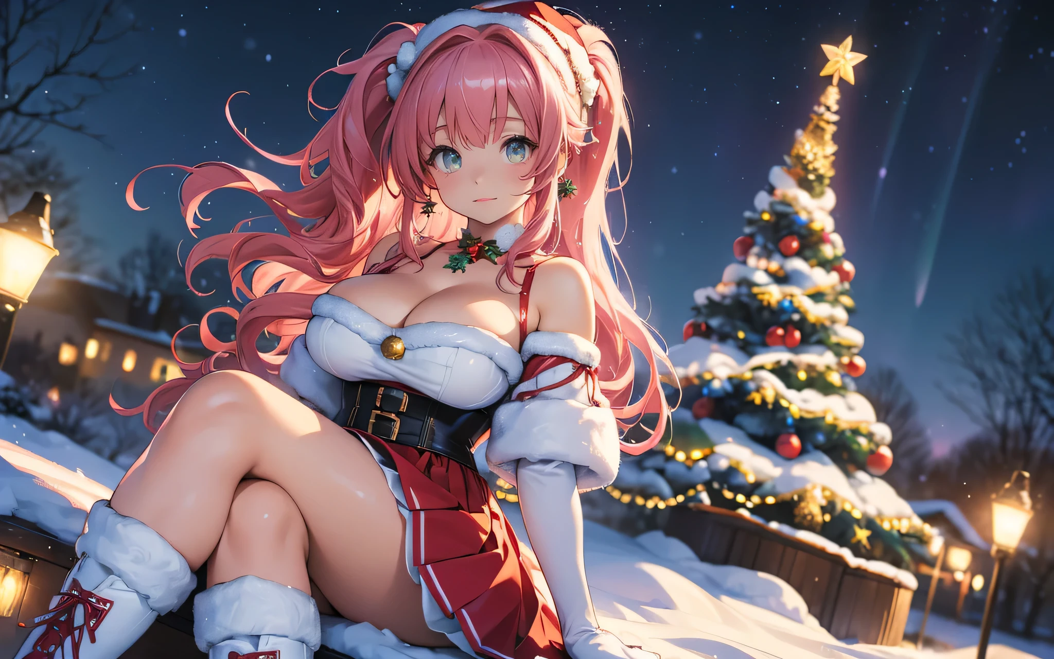 a beautiful young magical girl with extremely large breasts, cleavage, tight red corset, red skirt with white fluffy hem, red santa hat with small bell at the end and fluffy white rim, white stockings with thigh-high red leather high-heeled boots, long wavy pink hair in a ponytail, extremely detailed, photorealistic, 8k, highest quality, intricate magical effects, sparkling christmas lights, beautiful starry night sky, ((aurora borealis)), (snowing), (snow flakes in the foreground), christmas, cinematic lighting, magical, festive, vibrant colors, digital art, she is on the right side of the image, (((blurred background))), ((sitting on a large christmas present box with legs crossed))
