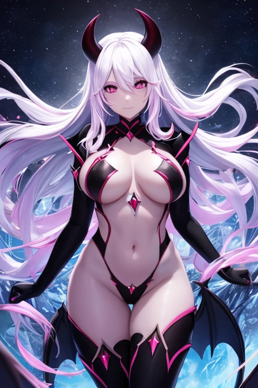 Demon girl with pink-crystal skin with perfect body with long white hair fantasy