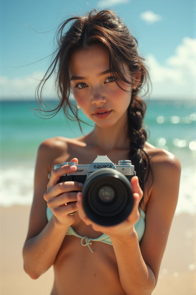 araffe woman in a bikini taking a picture with a camera, wearing two - piece swimsuit, gorgeous bikini model, 3 5 mm lomography, bikini model, boutinela bikini, lomography, posing on a beach with the ocean, 35mm color lomography, portra, blue bikini, cute bikini, posing on the beach, julia sarda