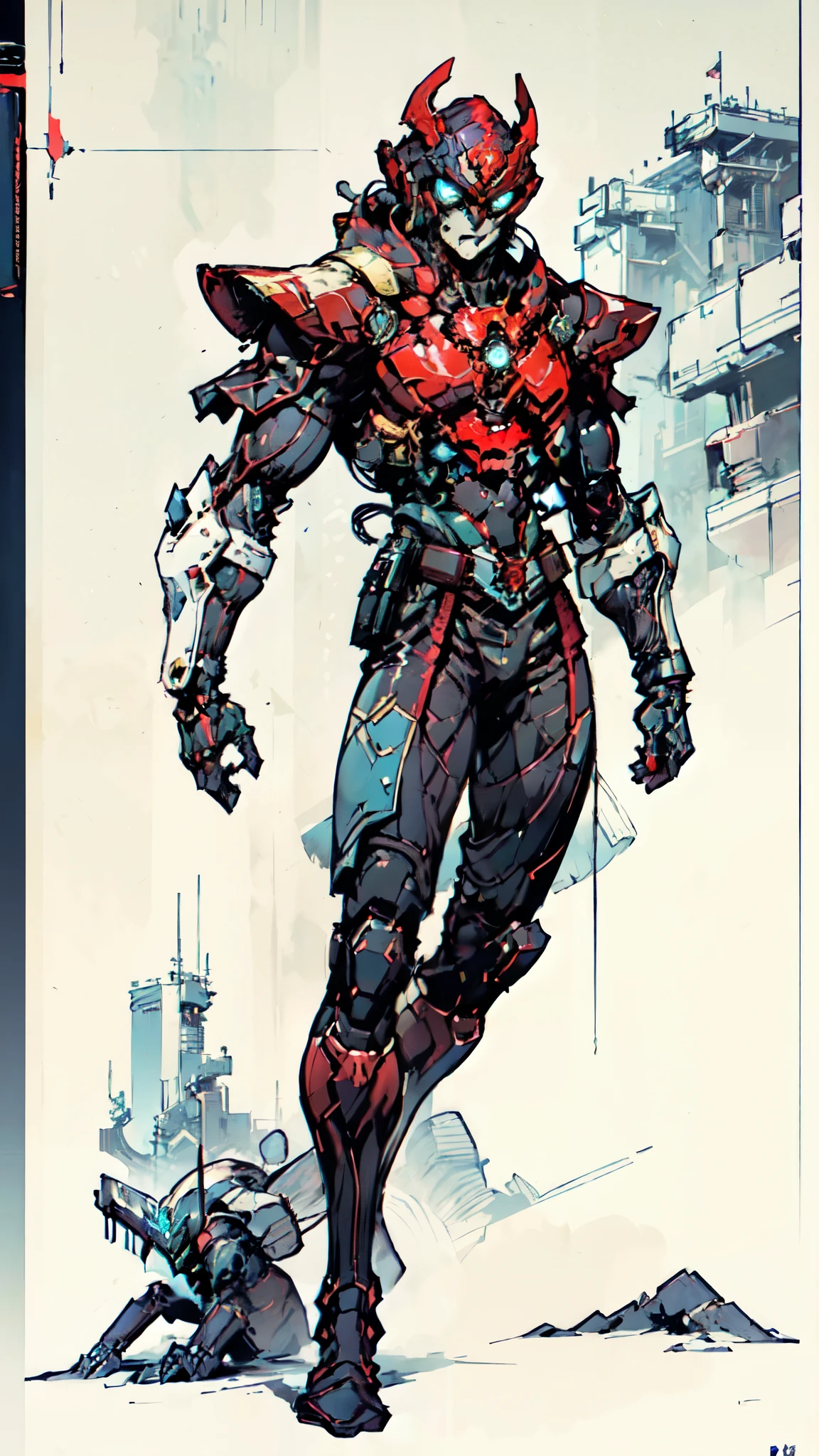 (masterpiece:1.5, best quality:1.5, extremely delicate:1.5), ((male:1.5)), a man wearing a full-face helmet, green eyes, fantasy-style high-tech biomimetic armored combat suit, (a composite layered chest armor), the design balances heavy with agility, fully enclosed shoulder guards, matching arm and leg guards, a belt of gemstone, (the color scheme is primarily White with Blue and Red accents, Organic Biotech, Concept Inspired by Ninja, glowing eyes, armor glows, stand of a futuristic sci-fi city), this character embodies a finely crafted fantasy-style armored hero in anime style, exquisite and mature art style, metallic, high definition, highres, ultra-detailed, ultra-fine painting, professional, perfect body proportions, golden ratio, anatomically correct, symmetrical face, extremely detailed eyes and face, high quality eyes, creativity, RAW photo, UHD, 32k, Natural light, cinematic lighting, masterpiece-anatomy-perfect