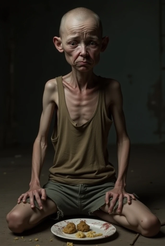 masterpiece,Unreal Engine,NSFW,Full body image,Bony Chest,Visible ribs,The protruding pelvis is very noticeable,looking at the camera,Raise your arms to show your armpits,Standing with legs apart,Very thin young,Solo,(Small child:1.4),Quite thin body,anorexia,Narrow shoulders, (very thin abdomen:1.45),Real young face,Very sunken cheeks,Depressed face,Haggard look,Blonde hair and blue eyes,Blunt bangs,Bone support chest,Beautiful nipples,Midriff,Beautiful belly button,Very thin waist,Extremely sunken abdomen,Severely malnourished abdomen,Severe malnutrition,Radiant white skin,(Fully nude),outside,Naked Video Letter,Garbage dump,Child&#39;s body