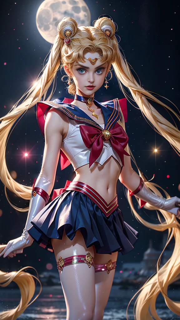 masutepiece, full: 1.3, to stand, 8K, 。.3D, Realistic, Ultra Micro Photography, of the highest quality, Extreme Detail CG Unity 8K Wallpapers, From below, Intricate details, (1 female), 18 years old, (Sailor Moon Super Sailor Moon Mer1, tiarra, Sailor Senshi Uniform Sailor: 1.2, Sailor Moon: 1.2), Incredibly long bright twin-tailed blonde, Thin and very long straight twin tail blonde, Hair bun, Red round hair ornament in a hair bun, Sailor Senshi Uniform, (Blue collar, blue sailor collar, Blue pre-gate mini skirt: 1.3, very large red bow on the chest,: 1.3, Long white latex gloves: 1.3, Red gloves on the elbows, very large red bow behind the waist,: 1.1, cleavage looks bigger, a golden tiara, earrings), (Face Details: 1.5, Bright blue eyes, Beautiful face, Beautiful eyes, shiny eyes, thin lips: 1.5, thin and sharp pale eyebrows, long dark eyelashes, Double eyelashes), Luxurious Golden Jewelry, Thin, thin and muscular,, a small face, Big breasts, Perfect proportions, thin waist, SEXY Model Pose, Visible Pore, Seductive smile, Perfect hands: 1.5, high-leg swimsuit, Very thin and fitting high gloss white holographic leather, Octane Rendering, highly dramatic picture, Strong natural light, Sunlight, exquisite lighting and shadow, Dynamic Angle, Digital SLR, Sharp Focus: 1.0, Maximum clarity and sharpness, (Space background, Moonlight, Moon, dynamic background, Detailed background),(Rabbit, Double bun, Twin-tailed, Parted bangs, circlet, Jewelry, earrings, Choker, Red bow, White Gloves, elbow groves, Blue skirt),(mecha musume),High Heel Pumps。