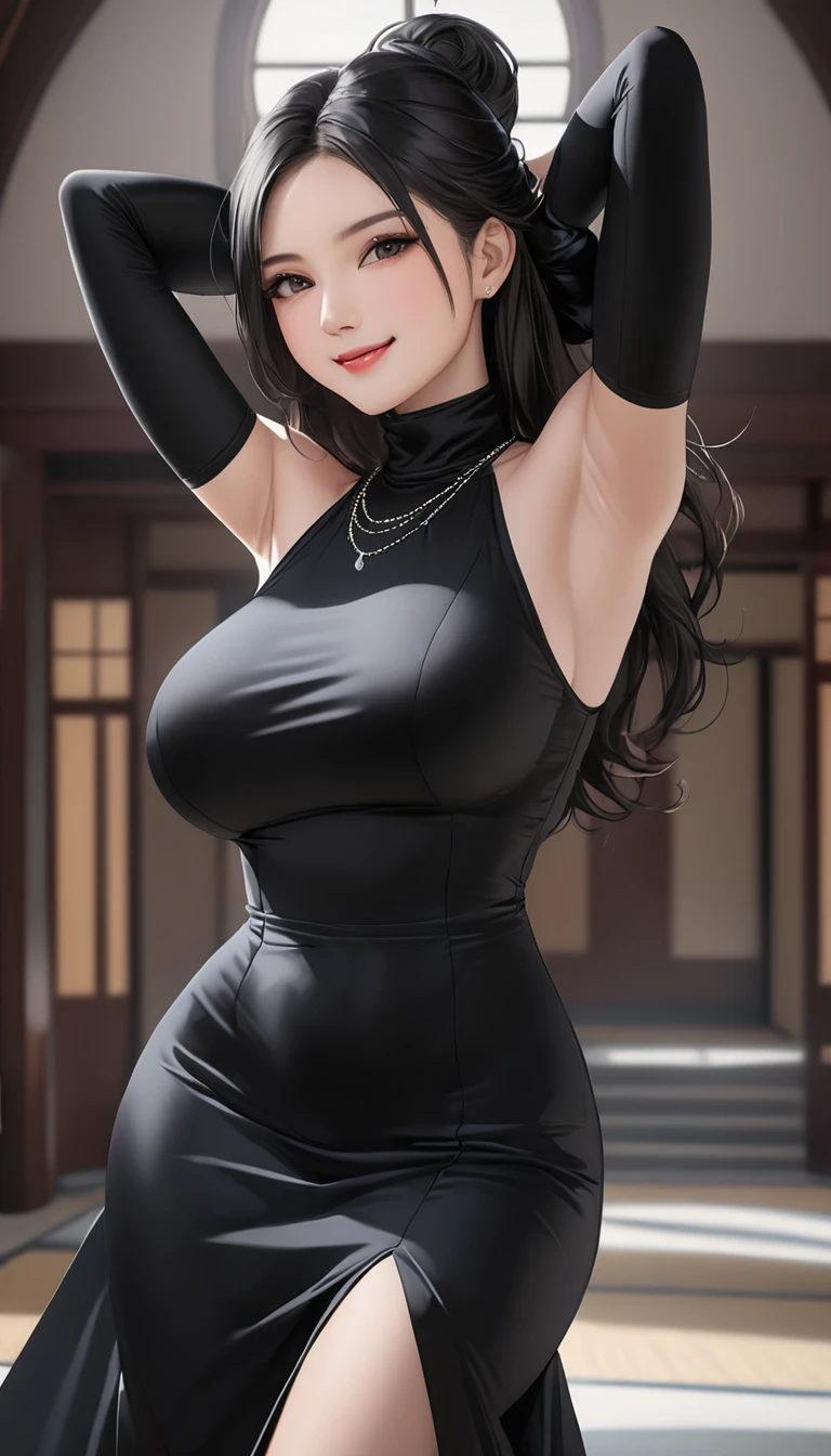 masterpiece, (photorealistic), (8k wallpaper) , (best quality), perfect quality, solo, (detailed eyes:0.9), girl, very beautiful, small smile, young, face : ( tifa lockhart, make up, very beautiful face, small smile, beautiful, plump face, plump cheeks, cute face, young, big eyes, round face ) , figure: ( very full body, big breasts, very full figure, very thicc, very thick, very soft, very curvy, love handles, sexy curves, sexy pose, sexy, muffin top, very thick thighs, thunder thighs) , clothes : (tight black dress, black tights)