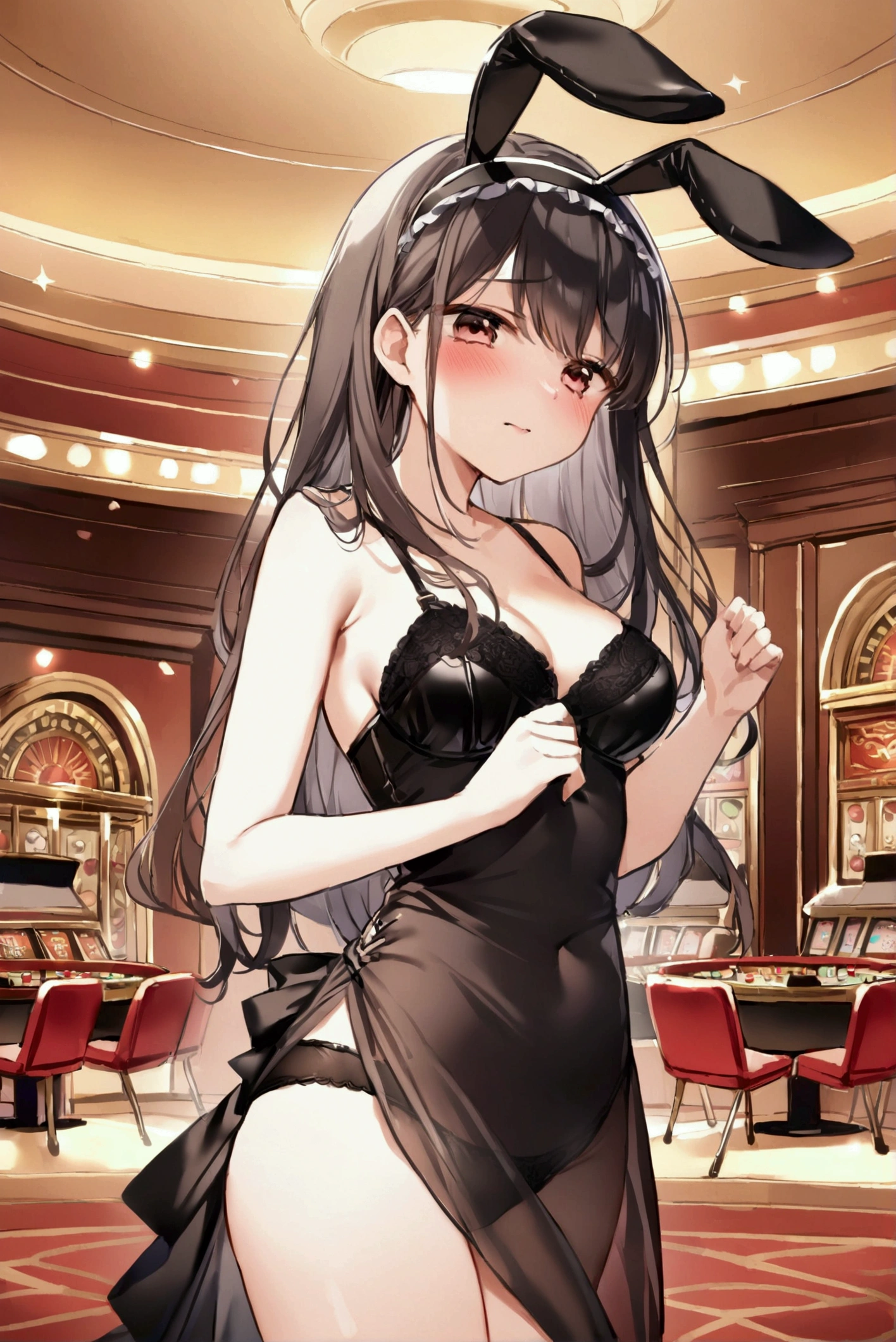  girl、Bunny ears headband、 sexy、 black dress、 see-through 、Frills、Casino Background、 shy laugh 、 black bra、 black panties 