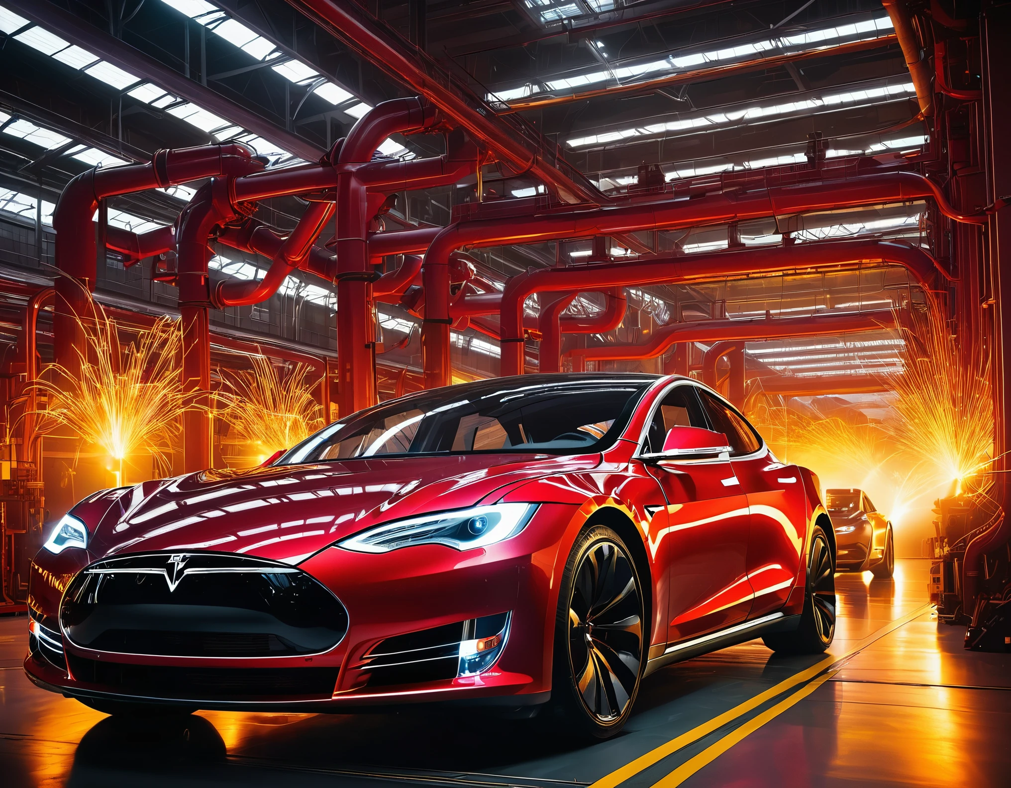 A futuristic and vibrant Tesla factory, illuminated by intense red and yellow LED lights. The image captures a moment of intense production, where highly advanced robots, with futuristic design and bright lights, work tirelessly assembling state-of-the-art electric cars. The cars, with aerodynamic lines and shiny red and yellow finishes, look like something out of a science fiction movie. The scene is full of energy and dynamism, with sparks and special effects highlighting the innovative and cutting-edge nature of the production. The factory background, with metallic structures and holographic screens, reinforces the feeling of being in a state-of-the-art manufacturing facility. Key elements of the image:
Lighting: Intense red and yellow LED lights create a vibrant and futuristic atmosphere.
Robotics: Advanced robots with futuristic designs and LED lights assembling the cars.
Vehicles: Electric cars with aerodynamic designs and bright colors (red and yellow).
Special Effects: Sparks and other visual effects add dynamism and realism to the scene.
Environment: Futuristic factory with metal structures and holographic screens.
Overall Feel: The image conveys a sense of innovation, efficiency and the future. Vibrant colors, advanced technology and special effects create a visually striking and captivating atmosphere.