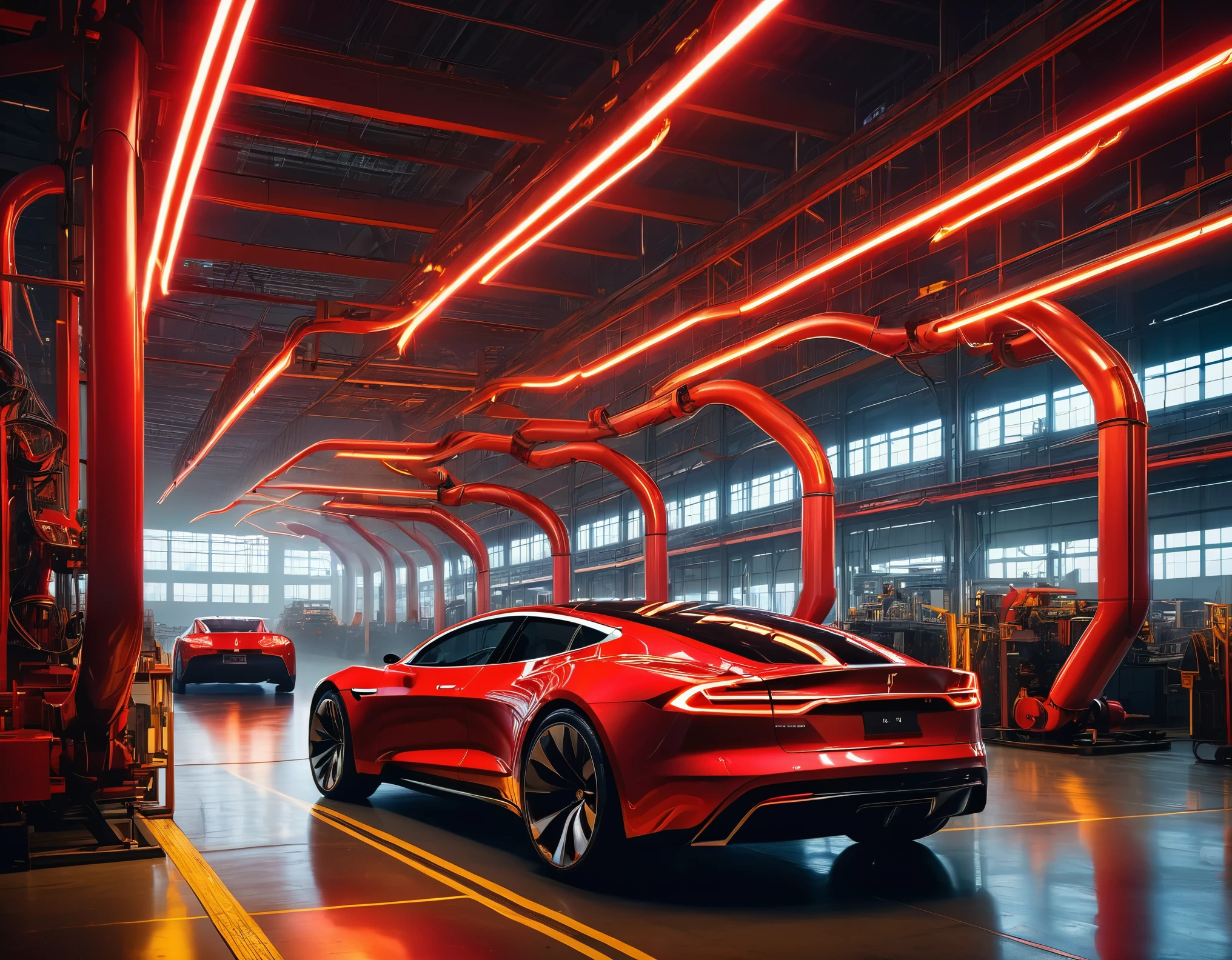 A futuristic and vibrant Tesla factory, illuminated by intense red and yellow LED lights. The image captures a moment of intense production, where highly advanced robots, with futuristic design and bright lights, work tirelessly assembling state-of-the-art electric cars. The cars, with aerodynamic lines and shiny red and yellow finishes, look like something out of a science fiction movie. The scene is full of energy and dynamism, with sparks and special effects highlighting the innovative and cutting-edge nature of the production. The factory background, with metallic structures and holographic screens, reinforces the feeling of being in a state-of-the-art manufacturing facility. Key elements of the image:
Lighting: Intense red and yellow LED lights create a vibrant and futuristic atmosphere.
Robotics: Advanced robots with futuristic designs and LED lights assembling the cars.
Vehicles: Electric cars with aerodynamic designs and bright colors (red and yellow).
Special Effects: Sparks and other visual effects add dynamism and realism to the scene.
Environment: Futuristic factory with metal structures and holographic screens.
Overall Feel: The image conveys a sense of innovation, efficiency and the future. Vibrant colors, advanced technology and special effects create a visually striking and captivating atmosphere.