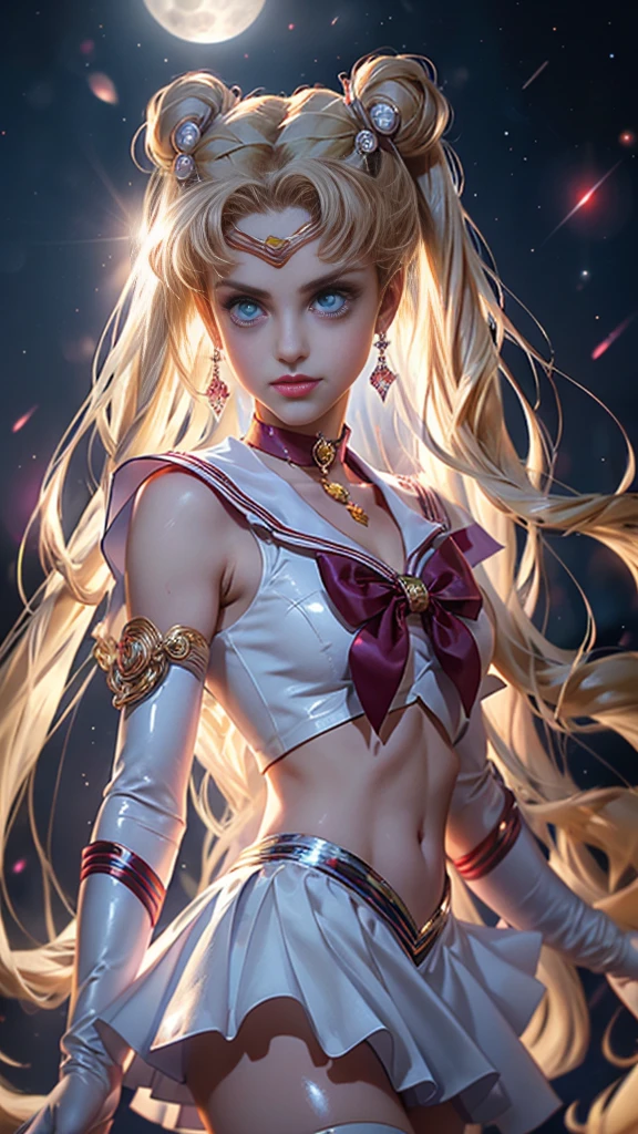 masutepiece, full: 1.3, to stand, 8K, 。.3D, Realistic, Ultra Micro Photography, of the highest quality, Extreme Detail CG Unity 8K Wallpapers, From below, Intricate details, (1 female), 18 years old, (Sailor Moon Super Sailor Moon Mer1, tiarra, Sailor Senshi Uniform Sailor: 1.2, Sailor Moon: 1.2), Incredibly long bright twin-tailed blonde, Thin and very long straight twin tail blonde, Hair bun, Red round hair ornament in a hair bun, Sailor Senshi Uniform, (Blue collar, blue sailor collar, Blue pre-gate mini skirt: 1.3, very large red bow on the chest,: 1.3, Long white latex gloves: 1.3, Red gloves on the elbows, very large red bow behind the waist,: 1.1, cleavage looks bigger, a golden tiara, earrings), (Face Details: 1.5, Bright blue eyes, Beautiful face, Beautiful eyes, shiny eyes, thin lips: 1.5, thin and sharp pale eyebrows, long dark eyelashes, Double eyelashes), Luxurious Golden Jewelry, Thin, thin and muscular,, a small face, Big breasts, Perfect proportions, thin waist, SEXY Model Pose, Visible Pore, Seductive smile, Perfect hands: 1.5, high-leg swimsuit, Very thin and fitting high gloss white holographic leather, Octane Rendering, highly dramatic picture, Strong natural light, Sunlight, exquisite lighting and shadow, Dynamic Angle, Digital SLR, Sharp Focus: 1.0, Maximum clarity and sharpness, (Space background, Moonlight, Moon, dynamic background, Detailed background),(Rabbit, Double bun, Twin-tailed, Parted bangs, circlet, Jewelry, earrings, Choker, Red bow, White Gloves, elbow groves, Blue skirt),(mecha musume),High Heel Pumps。