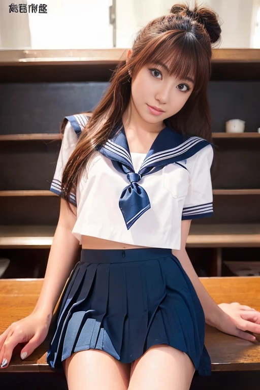 (  anatomically accurate ),Female high school student in Sapporo    ( Short-sleeved sailor uniform,     very short dark blue skirt sitting at a desk in front of a blackboard  ,), Big Breasts, Super beautiful breasts, thin,   thin waist , (Belly Buttonが見える:0.8), whole body, (Beautiful Skin,   skin growth    ,    white skin), (Super slim face, Super beautiful face), (), (double eyelid, ), small nose, thin lips, Thin legs,   In front of the school gate  、((    natural makeup ))、((Short length、belly button))、(Magazine Model)、((   stockings  ))、(   selfie taken from below with a fisheye lens   )、((   very cute、  Pictures with protruding nipples   ))、((  I'm standing with my chest up  ))、(  Model Pose  )、ass pov, (   multi-view  ), Sparkle Effect,    extreme low angle pants shot and chest shot  、 knee-high socks  、 high ponytail 、Red Hair,    bun hair,    hair that flutters like, Shake your hair,    photo taken from under stairs  、rotate、Panty shot、  skirt flip、最  high quality, masterpiece, Accurate,   anatomically accurate , damage,   high quality,   bursting skin ,  Ultra-fine,    3d rendering   ,  portrait photo  , reality,   、(  black tights)、 Pompadour、(   sitting with legs extended )