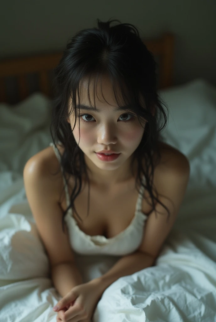 (Beautiful Japanese woman), (nsfw:1.4),High resolution, in 8K、RAWphotographgraphy、Highest quality、masterpiece、1 teenage girl, (flat chest like a boy:1.2), ((skinny body:1.2)), wavy hair, Anatomically Correct, crying, sexual climax, orgasm face, bitch, (pussy juice), missionary position, dim room, sweat, manly hands grabbing girl's waist, more pussy juice, clit