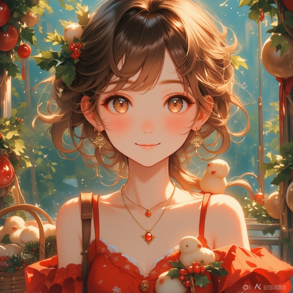 (Masterpiece, high quality, high definition, 4K, 8k, detail）、Christmas, a girl （ cute face、 beautiful eyes、 brown hair、A great smile、Christmas earrings,  necklace with a small star-shaped red stone、 red dress with basket）、look at me, CG Integrated Wallpaper (Christmas design：2.0), gritting