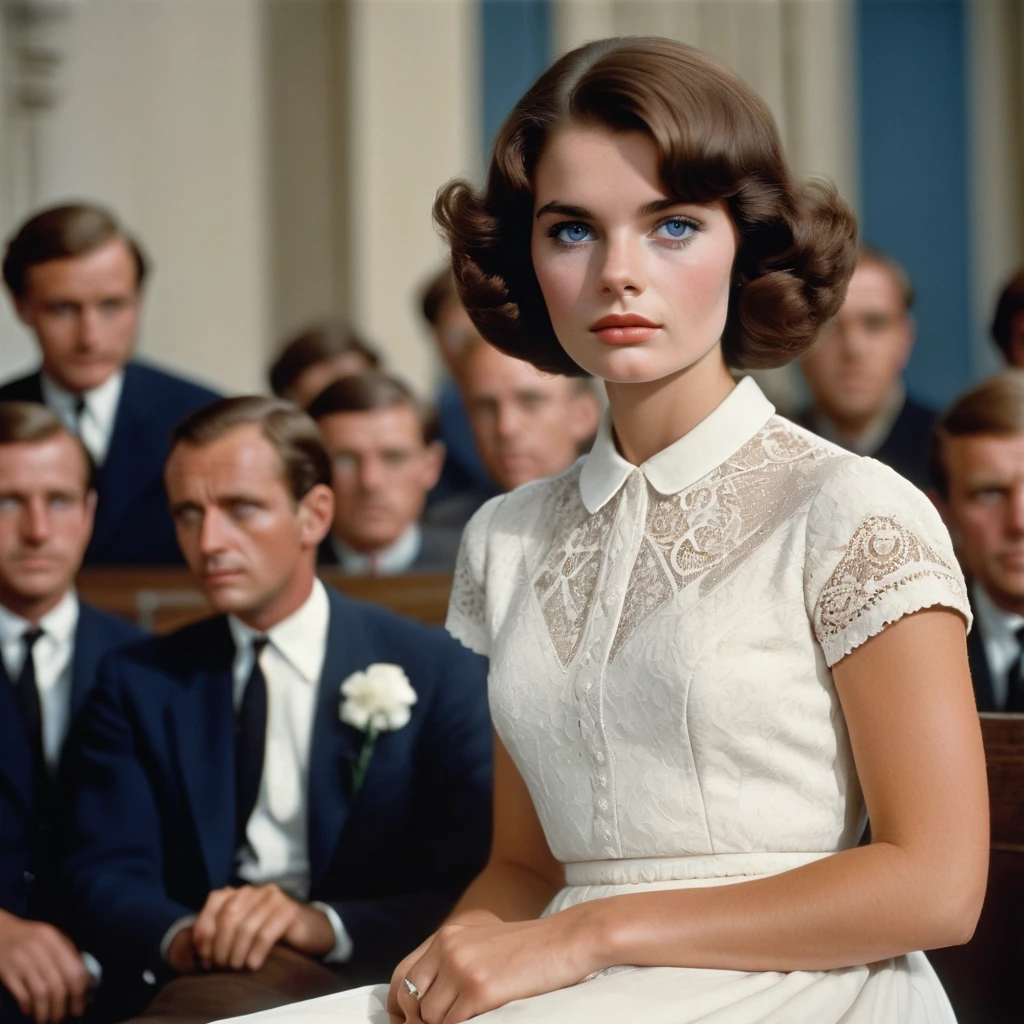 razor sharp focus, intricate detail, 20th century, 1960s, a 22 years old noblewoman, Polo White Dress, elegant, beauty, blue eye, short wavy hair, brown hair, sit, cute, court, defendant, crowd, british