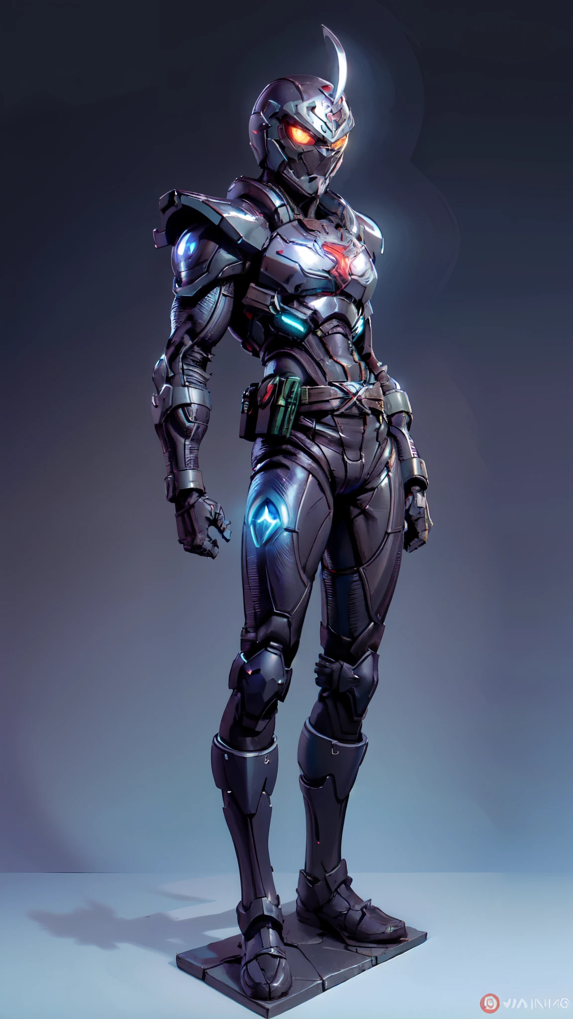 (masterpiece:1.5, best quality:1.5, extremely delicate:1.5), ((male:1.5)), a man wearing a full-face helmet, green eyes, fantasy-style high-tech biomimetic armored combat suit, (a composite layered chest armor), the design balances heavy with agility, fully enclosed shoulder guards, matching arm and leg guards, a belt of gemstone, (the color scheme is primarily White with Blue and Red accents, Organic Biotech, Concept Inspired by Ninja, glowing eyes, armor glows, stand of a futuristic sci-fi city), this character embodies a finely crafted fantasy-style armored hero in anime style, exquisite and mature art style, metallic, high definition, highres, ultra-detailed, ultra-fine painting, professional, perfect body proportions, golden ratio, anatomically correct, symmetrical face, extremely detailed eyes and face, high quality eyes, creativity, RAW photo, UHD, 32k, Natural light, cinematic lighting, masterpiece-anatomy-perfect