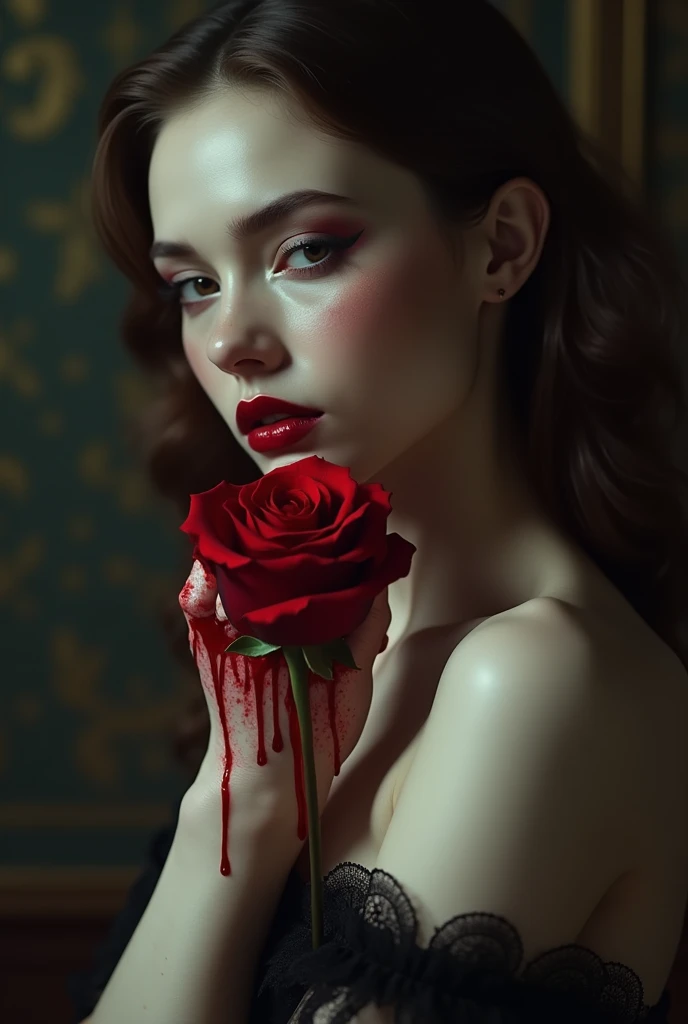 Female pale thin hands with blood holding a red rose 