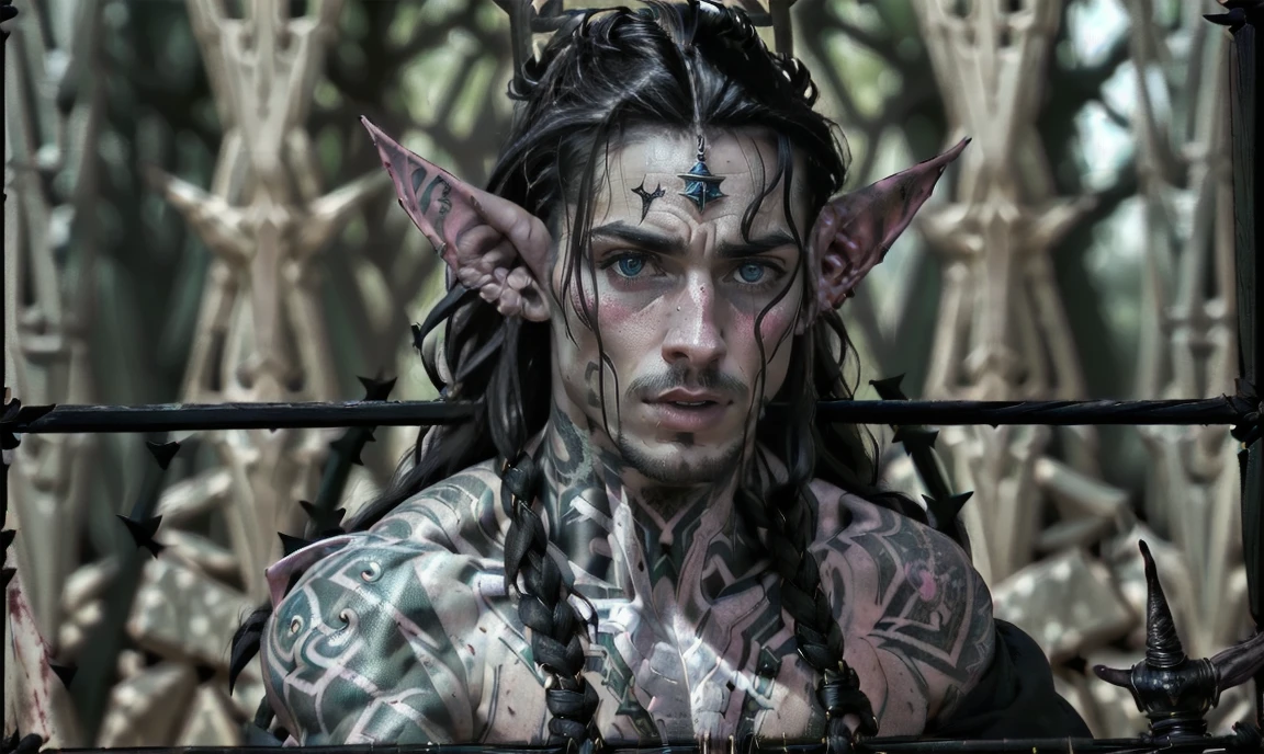 "((highly detailed, detailed eyes, detailed face, clear and realistic facial features, photorealistic, realistic light; cinematic)), (close up), (((mysterious male Tuatha de Danann))), ethereal-looking, ((((((wearing dark elven hunter clothing)))))), ((((((long black hair)))))), ((((intense hazel-brown eyes)))), hunting you, (((((heavy black geometric tattoos))))), heavily tattooed, facial scarification, (((blood))), brutal, scary, (((((creepily attractive))))), dangerous, masculine, (((((((elven ears))))))), ((((dull, greyish skin)))), (((((sneering creepy expression))))), looking at camera, (((((((clean-shaven, without facial hair, hairless jaw and chin))))))), ((((elegant yet brutal looking))))"