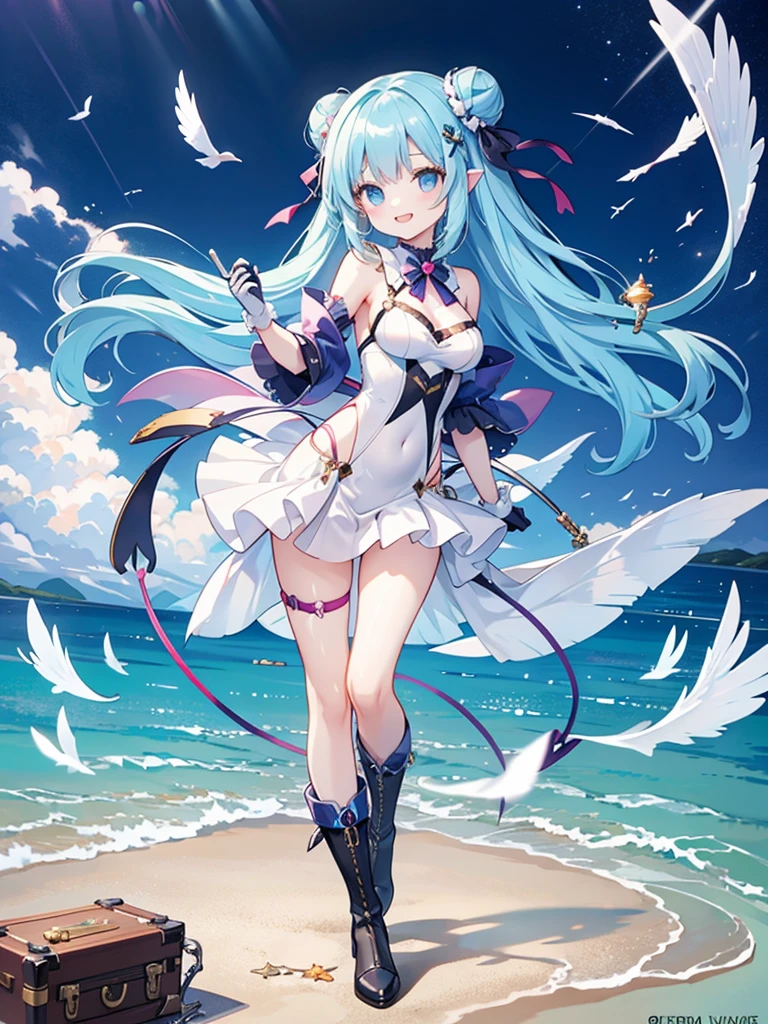 Make a beautiful picture of the idol hatsune miku, she wearing a bikini, umbigo exposto, barriga exposta, coxas sensuais, seios grandes, wearing a hat, fundo em uma praia.