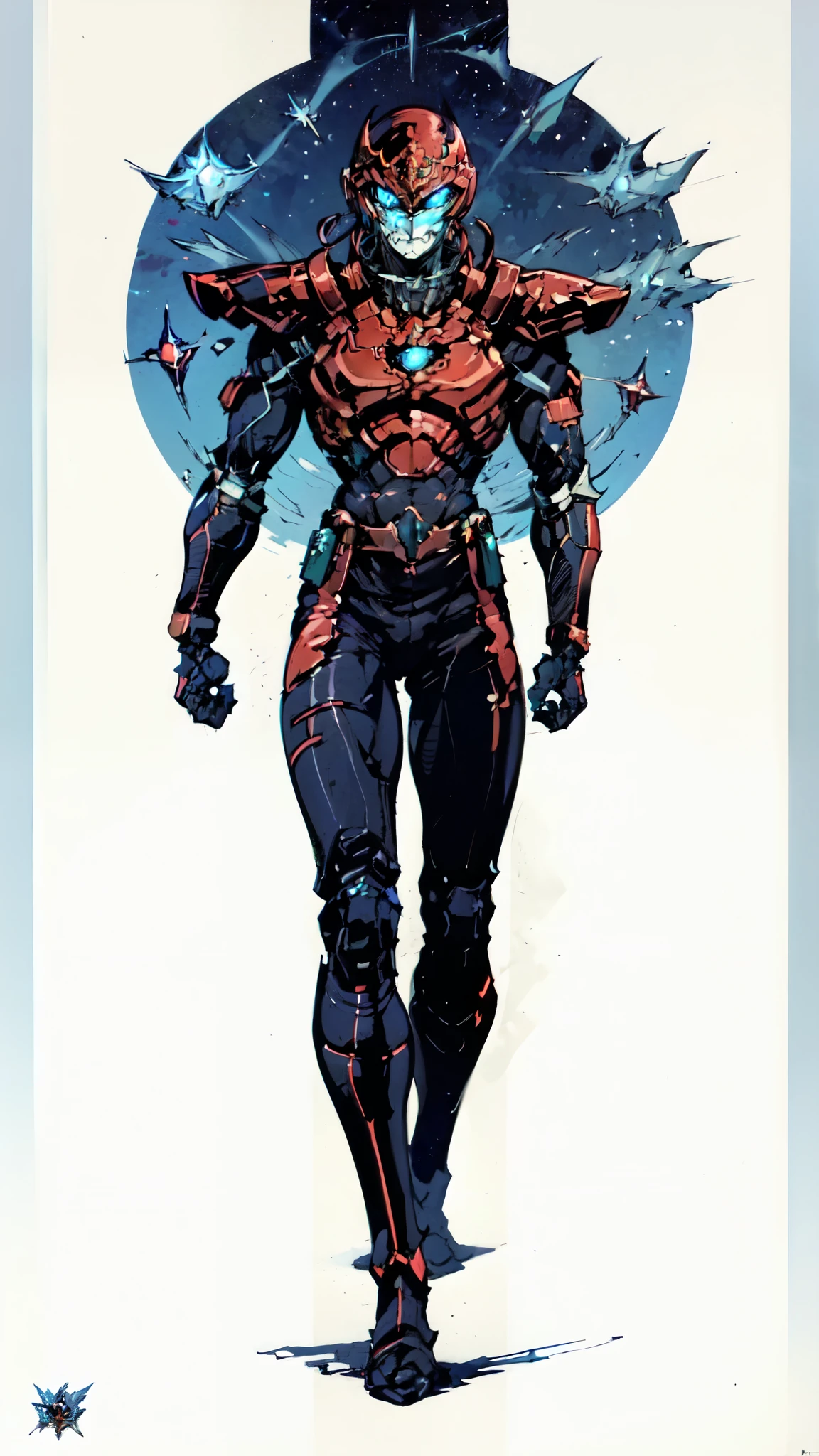 (masterpiece:1.5, best quality:1.5, extremely delicate:1.5), ((male:1.5)), a man wearing a full-face helmet, green eyes, fantasy-style high-tech biomimetic armored combat suit, (a composite layered chest armor), the design balances heavy with agility, fully enclosed shoulder guards, matching arm and leg guards, a belt of gemstone, (the color scheme is primarily White with Blue and Red accents, Organic Biotech, Concept Inspired by Ninja, glowing eyes, armor glows, stand of a futuristic sci-fi city), this character embodies a finely crafted fantasy-style armored hero in anime style, exquisite and mature art style, metallic, high definition, highres, ultra-detailed, ultra-fine painting, professional, perfect body proportions, golden ratio, anatomically correct, symmetrical face, extremely detailed eyes and face, high quality eyes, creativity, RAW photo, UHD, 32k, Natural light, cinematic lighting, masterpiece-anatomy-perfect