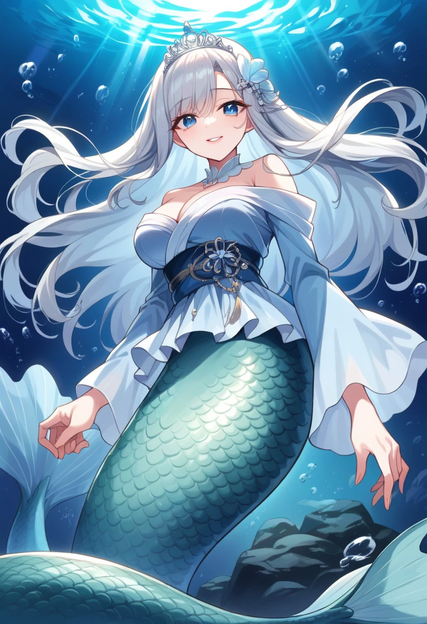 anime style, mermaid on rock underwater sea, high view, yumi_kagura, mature female, blue eyes, big chest, light blue kimono long Sleeve, hair ornament, belly, long hair, light grey hair, tiara, long hair, smile, pink lipstick, hand back body, night,  Volumetric light, Volumetric particles, looking at viewer, grey mermaid, grey mermaid tail below waistline, 