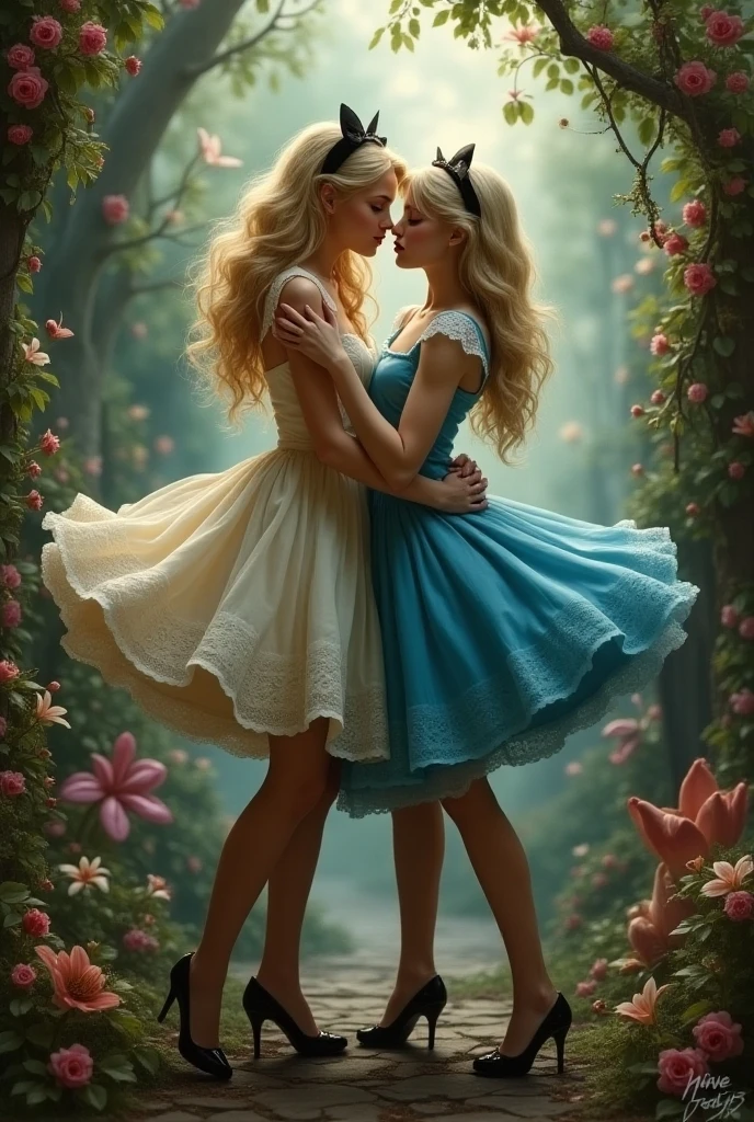 Hyper realistic all detailed two very beautiful and sexiest women in the picture with flowers and a chameleon, the theme of alice smiling charmingly in the wonderful world, just like the beautiful women in the wonderland showing off her beautiful white long legs, the theme of alice in the wonderland portrait, passionate charming long legs sensual, fairy tale artwork, the portal of wonderland, Bright red blue theme, inspired by Alice Prin, from alice in wonderland, wonderland, Tone contrast. 3D, super detailed optical, optical, surreal, three-dimensional, dynamic light, 32K, HDR, UHD