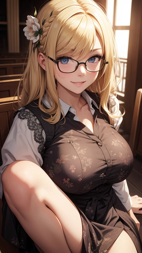 anime girl, 1 person, blonde hair, glasses, Crown,maid,cat ear, front view, big breasts, tights, sitting on desk,exposed chest, underwear, maid suit, shy, blushing, lifting skirt , bright sky, sitting cross-legged, high heels,exposed chest, underwear, middle-aged women, blushing, lifting skirt, showing off underwear, (full HD 4K+ image