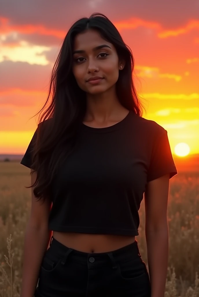 Young brunette, with long black hair, Detailed black eyes, Aquiline nose, thick lips, Oval face, wearing sportswear in a beautiful landscape. portrait,cinematic lighting,dramatic lighting,warm color tones,dramatic colors