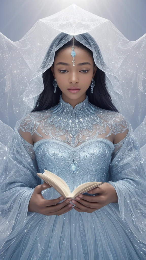  A mesmerizing holographic tableau presents a African woman, impeccably dressed in intricately crafted paper attire, resting atop an expansive, open book. The pages of the book mirrored her form, their words cascading over her body in radiant, gleaming white letters. The serene atmosphere was heightened by the dimly lit library backdrop, which accentuated the crystalline sharpness of the image of the woman nestled within the open tome. 