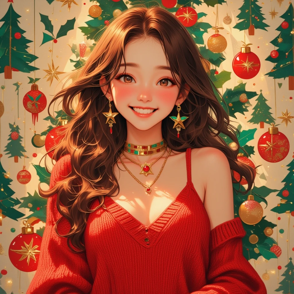 (Masterpiece, high quality, high definition, 4K, 8k, detail）、Christmas, a girl （ cute face、 beautiful eyes、 brown hair、A great smile、Christmas earrings,  necklace with a small star-shaped red stone、red v-neck fluffy knit dress）、look at me, CG Integrated Wallpaper (Christmas tree motif design), gritting