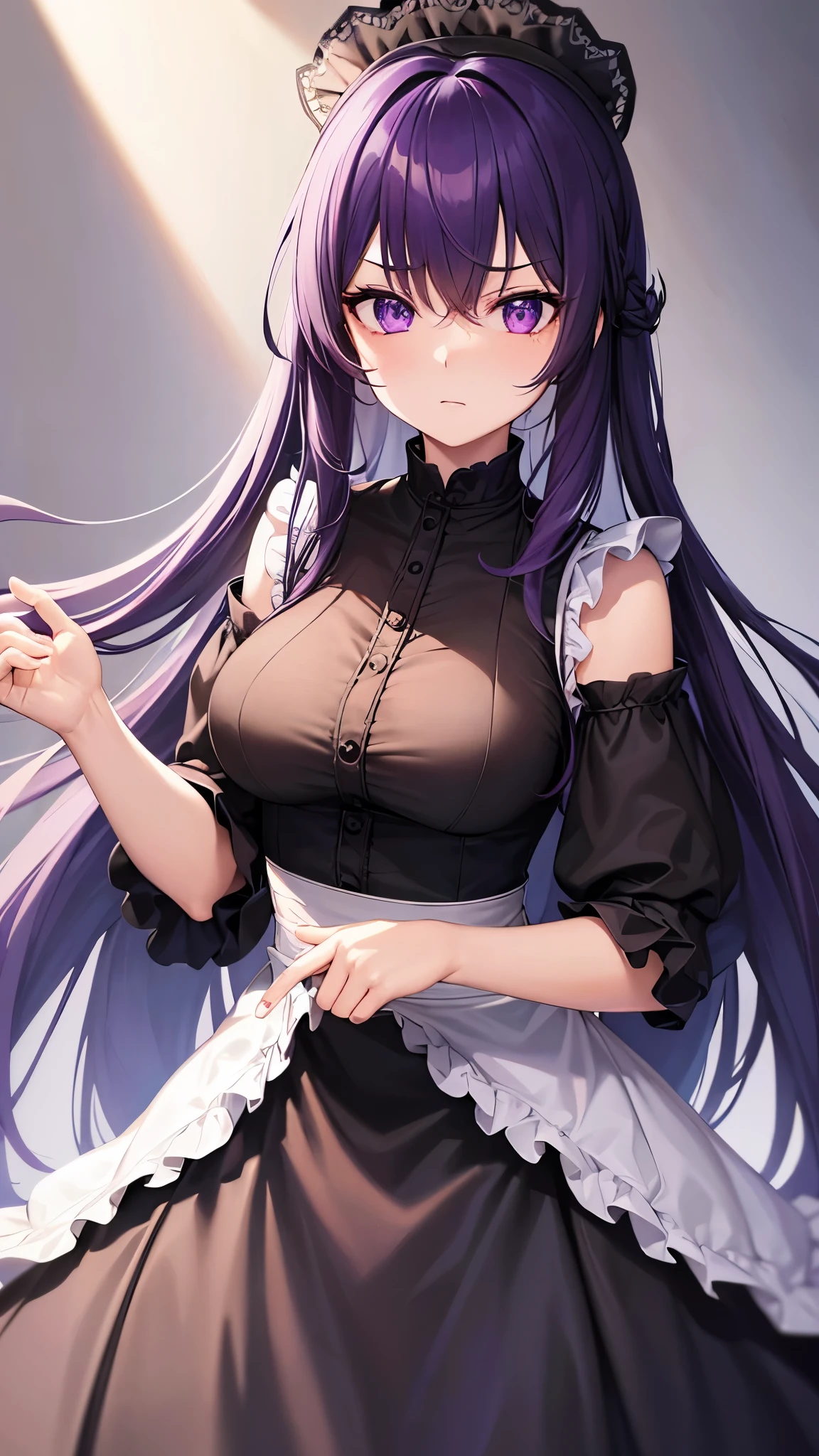 masterpiece,1girl,solo, purple hair,hair hair over one eye,horns,maid apron, center opening, bare shoulders, closed mouth, white white legwear,