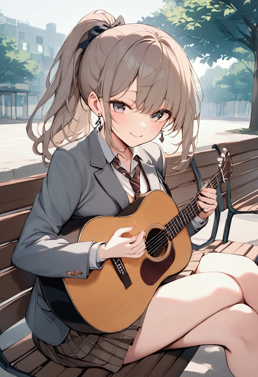 masterpiece, Best Quality,  Hi-Res, aa Lisa , Long Hair,  ponytail, Grey Eyes,  earrings for a woman alone,  school uniform, striped necktie,  brown tie, Colored Shirt,  gray jacket , blazers,  long sleeve ,  checked skirt,  pleated skirt ,  brown skirt ,  sitting, bench, Outdoor, guitar, smile,  holding a musical instrument ,