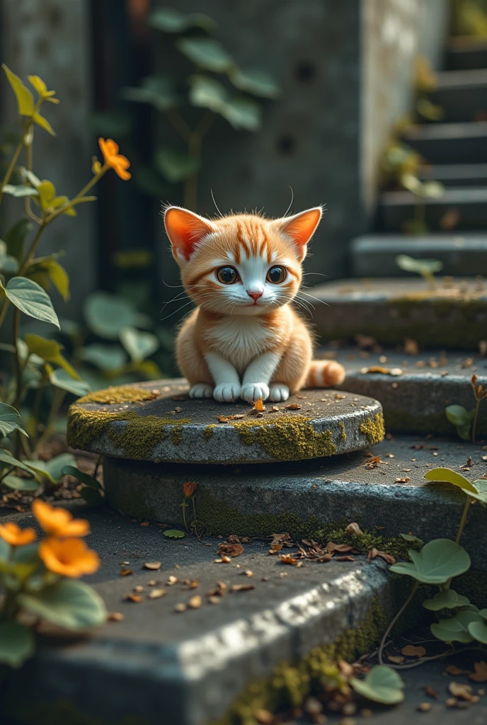 Cat on the Stone Steps，覆盖着青苔和植物的腐烂tombstone，tombstone有文字SeaArt2O23～xxxx，，tombstone，Signs of decay,Cemeteries，Small Flower, in the dark,in conclusion,photography