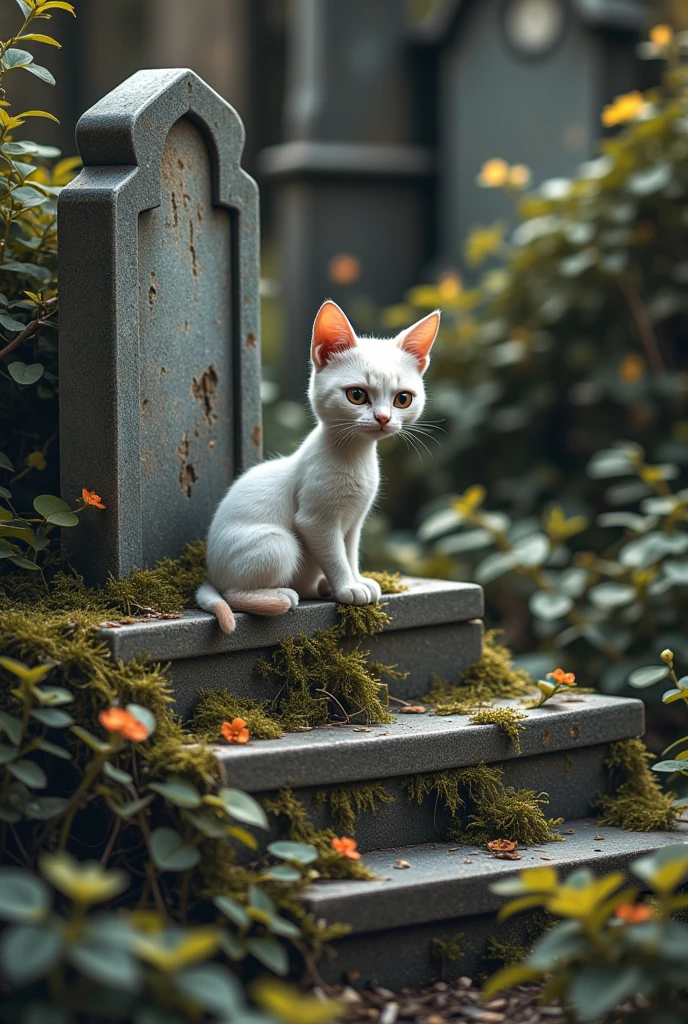 Cat on the Stone Steps，覆盖着青苔和植物的腐烂tombstone，tombstone有文字SeaArt2O23～xxxx，，tombstone，Signs of decay,Cemeteries，Small Flower, in the dark,in conclusion,photography