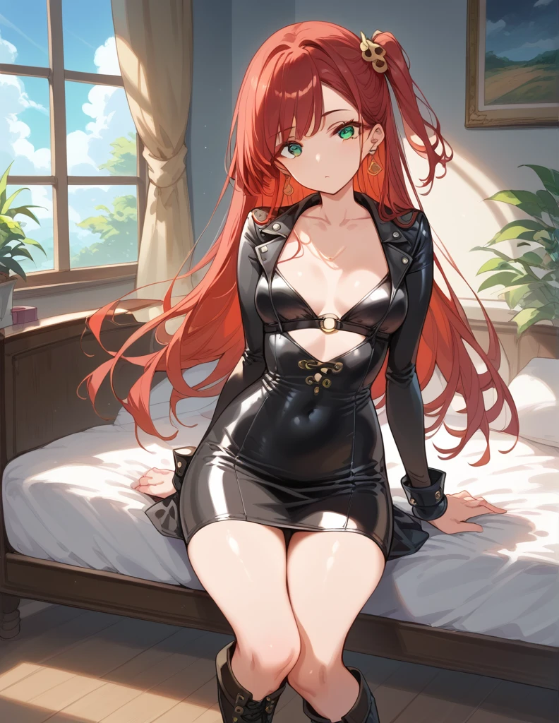 score_9, score_8_up, score_7_up, source_Cartoon, Morning Fragrance  ,   red hair, (green eyes, one side up),,hair accessories,   Glossy Skin , long hair,  Circle Earrings Chest Low Chest..Tight Leather Suit..Skinny Skirt ..Leather Black Horse Boots 