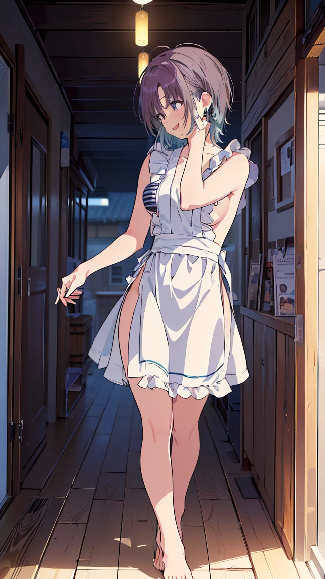 masterpiece, Best Quality,  Hi-Res,  very detailed,(((Toru Asakura))), ((( blue hair ))), ((( earrings for a woman alone))), ((( gradient hair ))), ((( multicolor hair ))), ((( split bangs ))), ((( purple hair))), ((( naked apron))), (((Frills))), (((barefoot))),  waist apron))), ((( Standing in the Distance ))), (((Positive。))), ((( handsome boy holding a microphone ))), (((Around town))), ((( is laughing。)))