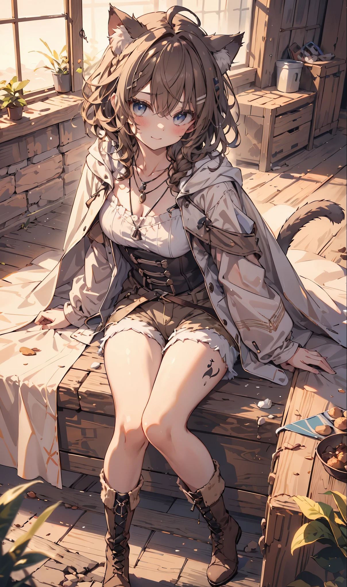 masterpiece, 1 girl, sparrow, a brown haired girl, wearing a medieval priestess clothes, curly short hair, messy hair, slim body, he close her left eye, shirt ornament, ruby eyes, ahoge, baby face, long sleeves, beautiful eyes, droopy eyes, her age is 19, nagisa_bluearchive, innocent face, medium hair, seductive smile, curly hair, cape, MongolPunkAI, medium breasts, she tease you, lend a hand to you, she very close to you, rainbow_one, pristess clothes, brown shorts, crocth tattoo, necklace, innocent smile, white clothes, white shirt, boots, braid hair, white pantyhose, brown cape coat, cat ears, cat tails