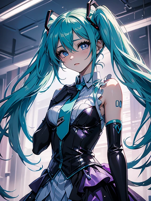 Hatsune Miku,maid (1 girl),long cyan twintails,(proportional face),((silver armor dress)),White translucent metallic leather,(Mechanical joint: 1.4),mechanical limbs,(Neat face,very shiny skin,detailed eyes),shining body,white plastic glitter skin,only_Shoulder,Delicate metal decoration,sleeveless,mini skirt,boots,kneeling,(see through:1.5)((bright colors)),(complicated background),(Delicate images),(Photorealistic: 1.4),(Highly detailed),(high resolution),(Best quality),(masterpiece)