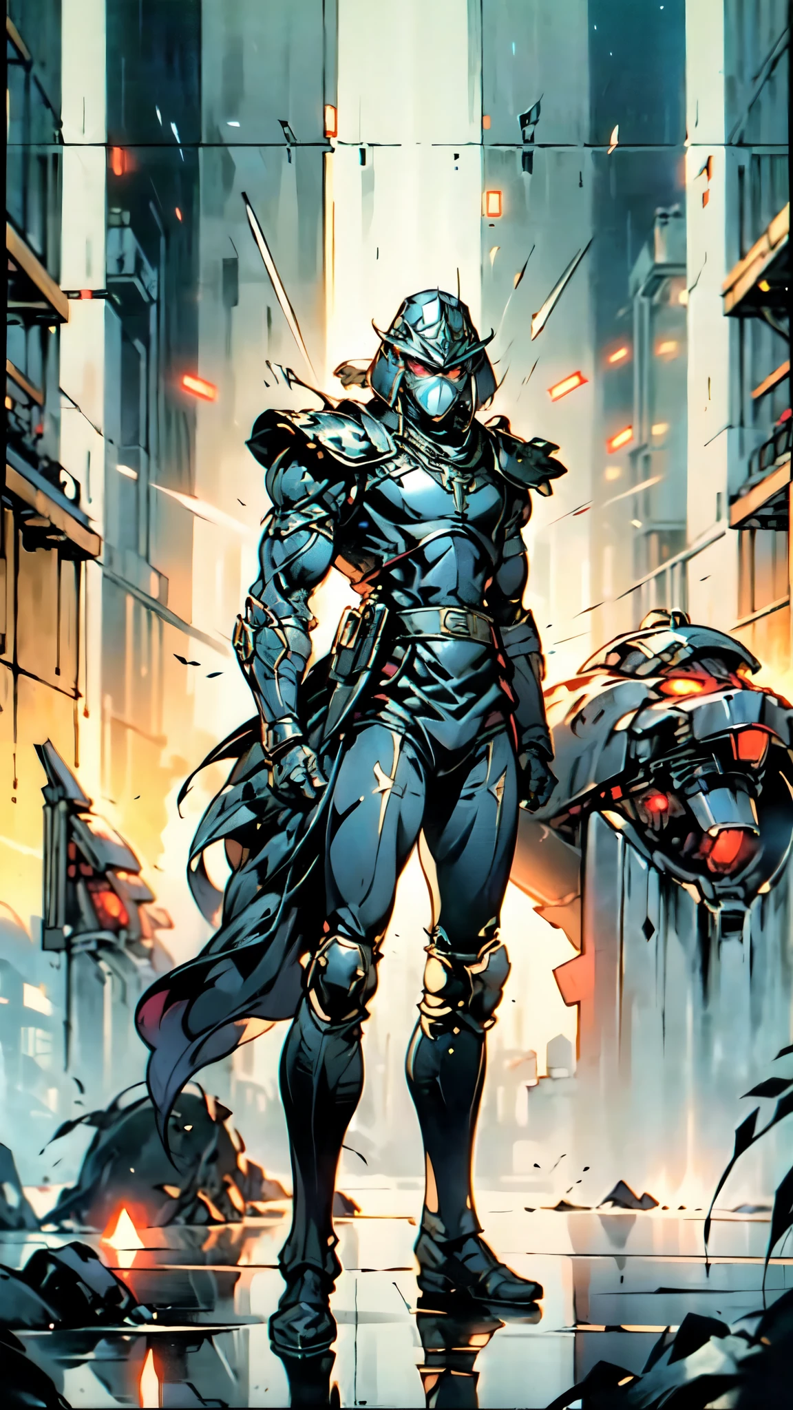 (masterpiece:1.5, best quality:1.5, extremely delicate:1.5), ((male:1.5)), a man wearing a full-face helmet, green eyes, fantasy-style high-tech biomimetic armored combat suit, (a composite layered chest armor), the design balances heavy with agility, fully enclosed shoulder guards, matching arm and leg guards, a belt of gemstone, (the color scheme is primarily White with Blue and Red accents, Organic Biotech, Concept Inspired by Ninja, glowing eyes, armor glows, stand of a futuristic sci-fi city), this character embodies a finely crafted fantasy-style armored hero in anime style, exquisite and mature art style, metallic, high definition, highres, ultra-detailed, ultra-fine painting, professional, perfect body proportions, golden ratio, anatomically correct, symmetrical face, extremely detailed eyes and face, high quality eyes, creativity, RAW photo, UHD, 32k, Natural light, cinematic lighting, masterpiece-anatomy-perfect