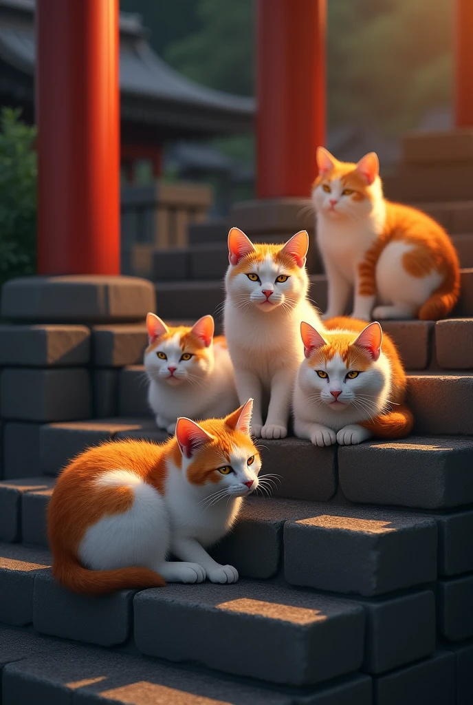 masterpiece, Best Quality, Super detailed, 精緻に詳細な  hyperdetail  , Realistic, Sharp Features,   very detailed,    SHARP CONCENTRATION  ,   perfect face,   Regional Cats with Perfectly Symmetrical Beautiful Eyes  ,  Perfect plump body ,  Flexible Cat Figure  ,   Movie-like  ,   film light  ,   hyperdetail  , hyper Realistic,  vibe,  there is nothing,  lively,   Dynamic Studio Lighting  , ((Dark Background)),  社寺への参道に多くのstageを誇る社寺での猫たちの情景,  stage,  step by step , Cats Each  々  Sleeping in a Relaxed Style 、color々 Cats in Each Color 。