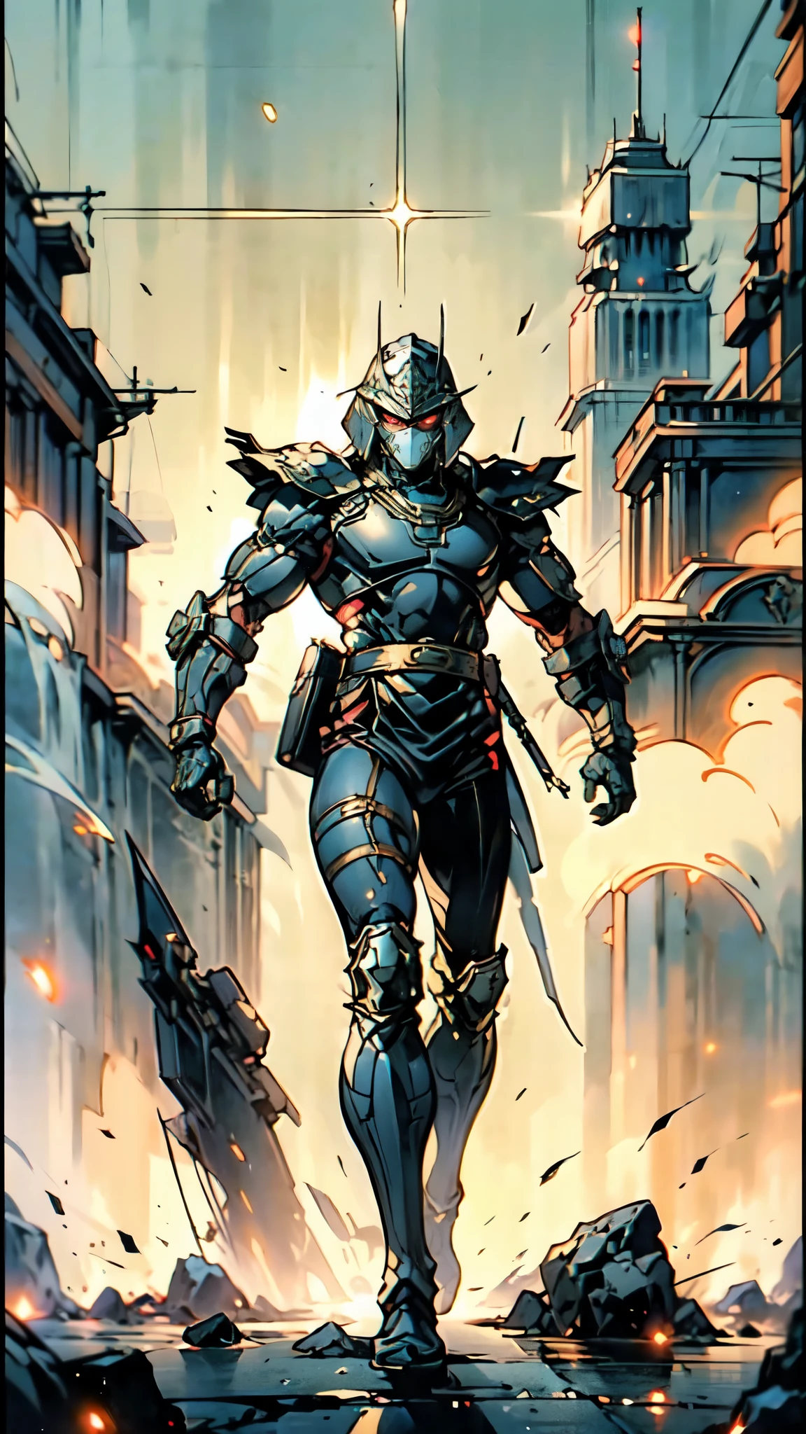 (masterpiece:1.5, best quality:1.5, extremely delicate:1.5), ((male:1.5)), a man wearing a full-face helmet, green eyes, fantasy-style high-tech biomimetic armored combat suit, (a composite layered chest armor), the design balances heavy with agility, fully enclosed shoulder guards, matching arm and leg guards, a belt of gemstone, (the color scheme is primarily White with Blue and Red accents, Organic Biotech, Concept Inspired by Ninja, glowing eyes, armor glows, stand of a futuristic sci-fi city), this character embodies a finely crafted fantasy-style armored hero in anime style, exquisite and mature art style, metallic, high definition, highres, ultra-detailed, ultra-fine painting, professional, perfect body proportions, golden ratio, anatomically correct, symmetrical face, extremely detailed eyes and face, high quality eyes, creativity, RAW photo, UHD, 32k, Natural light, cinematic lighting, masterpiece-anatomy-perfect