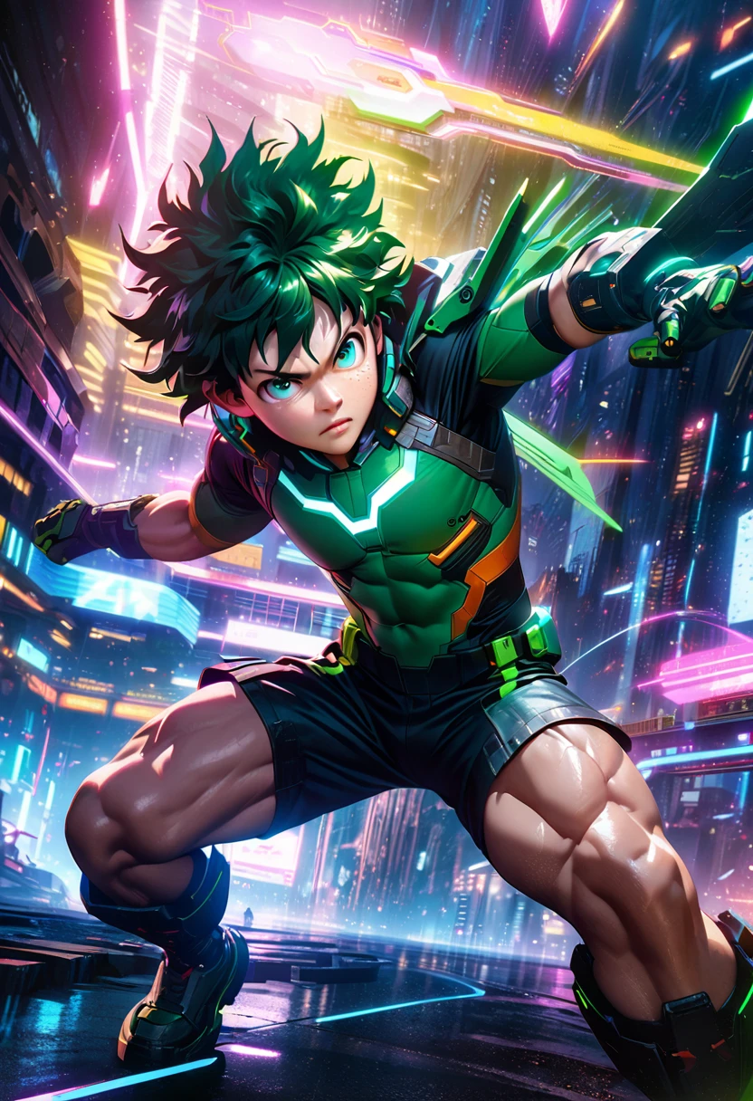 Izuku Midoriya, Deku, 1 boy, green hair, freckles, green eyes, determined expression, futuristic hero costume, full body, detailed facial features, muscular body, dynamic pose, action scene, cinematic lighting, vibrant colors, digital art, 8k, photorealistic, highly detailed and unrealistic engine, studio lighting, futiristic neon city, futuristic cyberpunk scenery