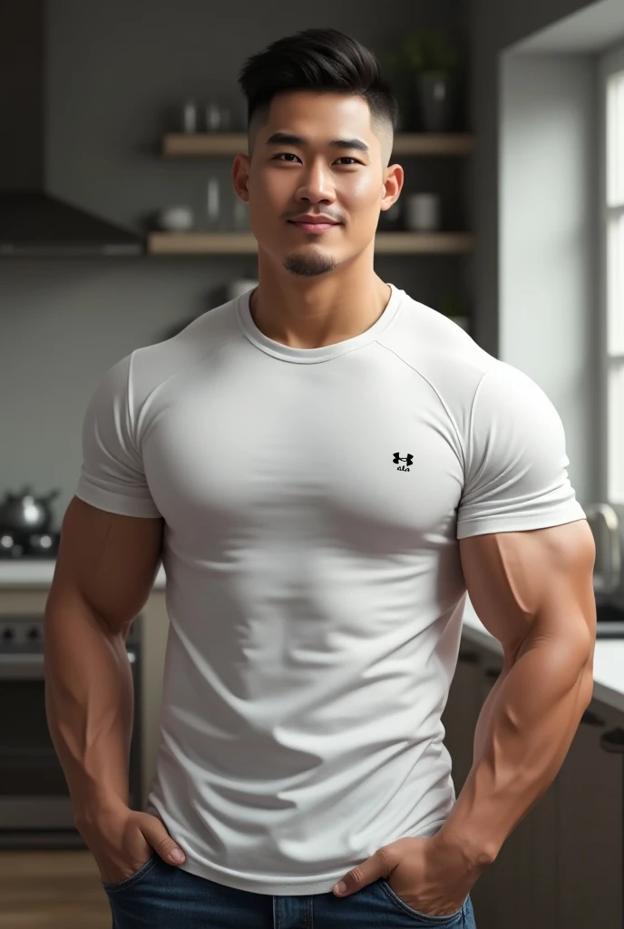 30 years old, Big eyes, Chinese man, stubble, White finger, Big muscles, exaggerated muscles, mature man, Swollen muscles, bodybuilding physique, chest muscles, abdomen, in a bakery, lots of bread, short sleeve,baker, jeans, natural light, wet, Wheat color skin, 1 person, stand