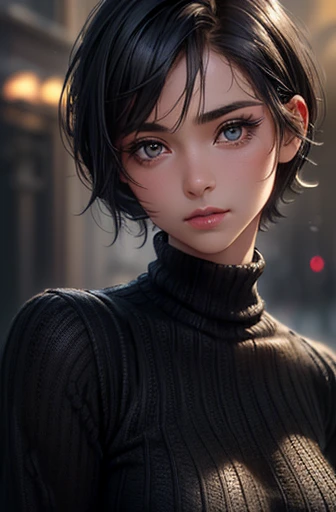 ( artwork:1.3), (8k,  photorealistic , RAW photo,  best quality : 1.4), (1 girl), beautiful face, ( realistic face ), ( black hair ,  short hair:1.3), beautiful hairstyle, realistic eyes, lindos olhos detalhados, (pele realista), beautiful skin, (Sweater), absurdities, attractive, ultra high resolution,  ultra realistic ,  highly detailed , golden ratio