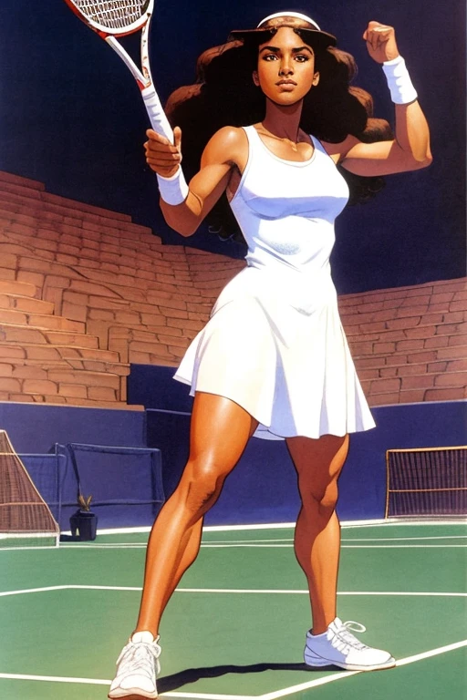 Arte estilo John Buscema,A beautiful long-haired black tennis player wearing a short white tunic, sneakers fit for the sport and holding a tennis racket on a totally empty court, de um dia ensolarado